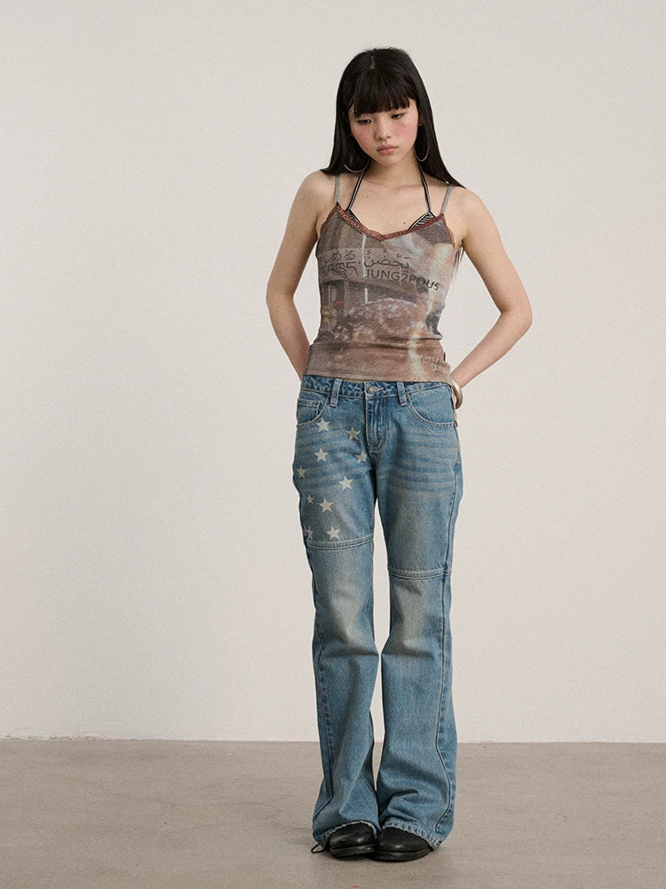 Achihara Lace V-neck Slim Fit Cropped Strappy Women Letter Print Polyester Tank Tops-5