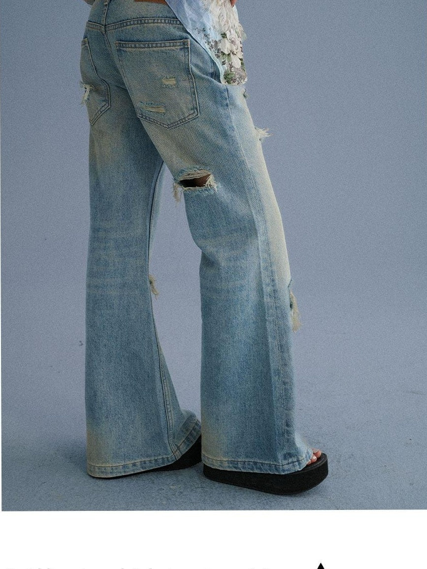 Achihara Low Rise Ripped Washed Blue Wide Leg Teen Girls Stretch Denim Straight Jeans