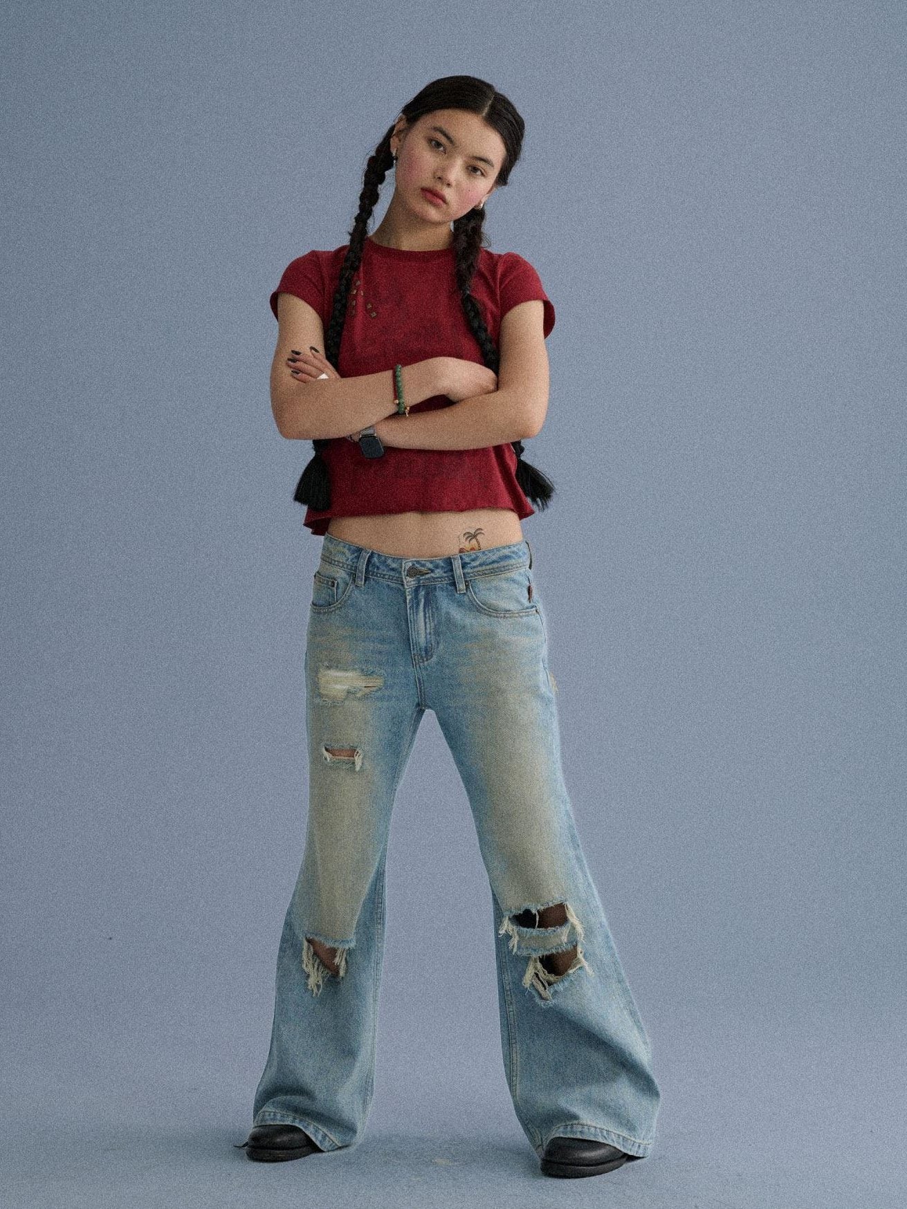 Achihara Low Rise Ripped Washed Blue Wide Leg Teen Girls Stretch Denim Straight Jeans