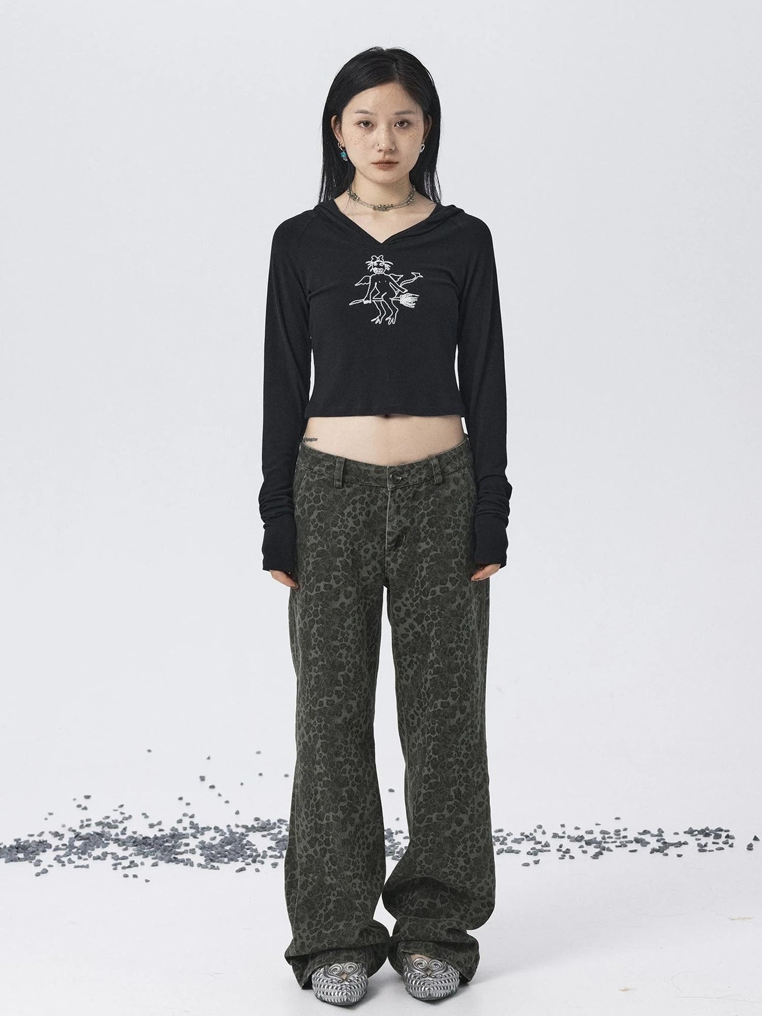Magic Broom Print Hooded Long Sleeve Tee