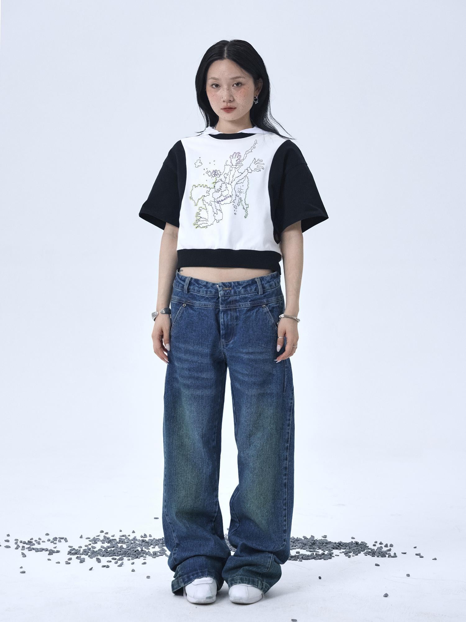 Achihara Map Print Cropped Cotton Tee