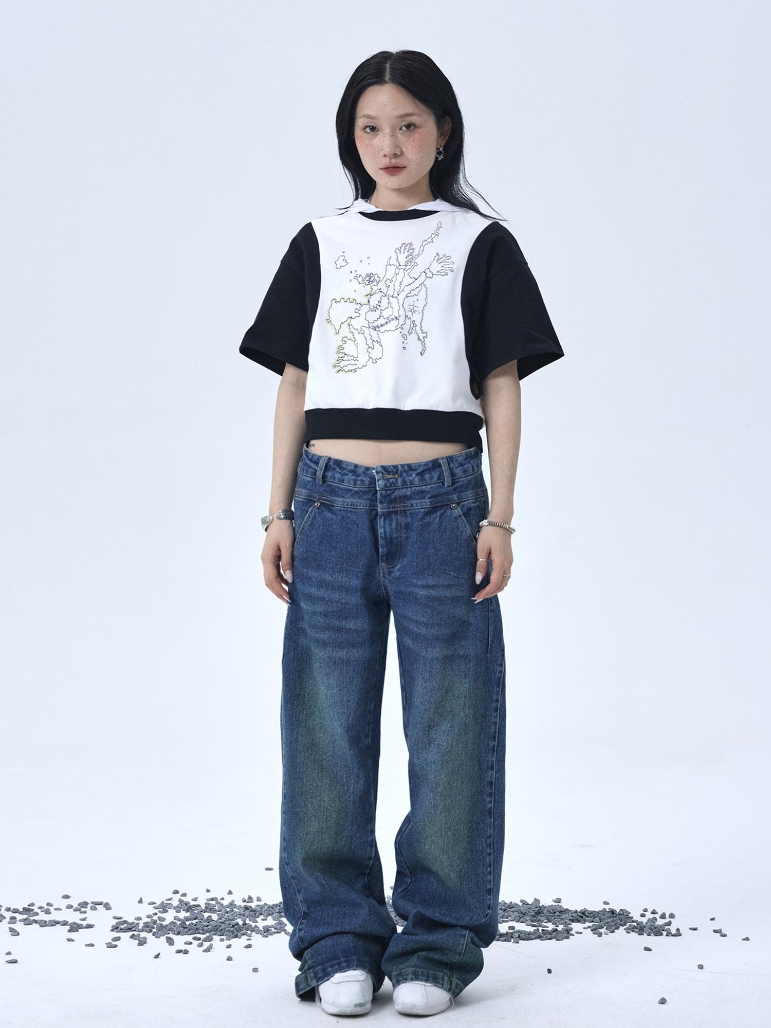 Achihara Map Print Cropped Cotton Tee