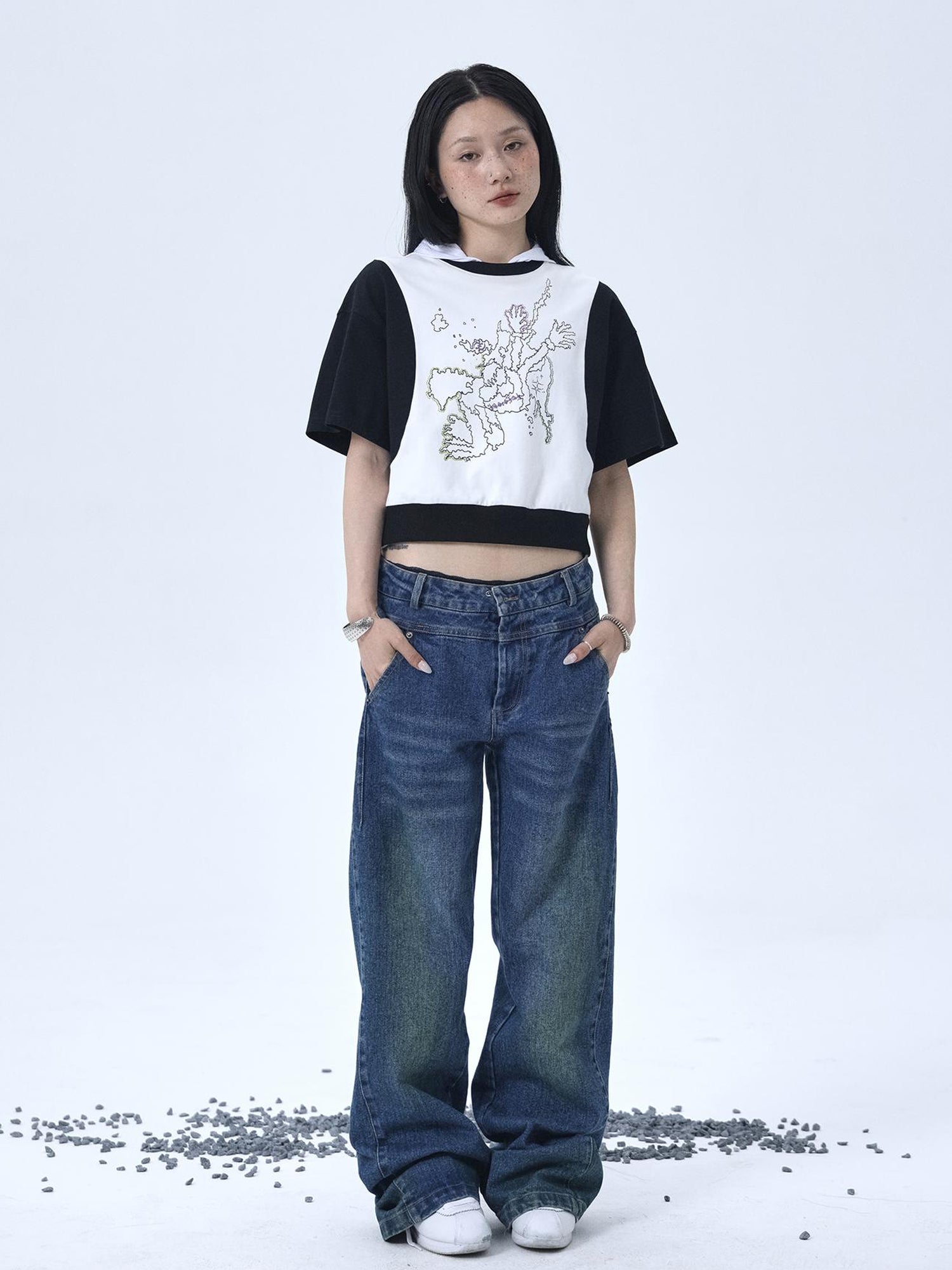 Achihara Map Print Cropped Cotton Tee