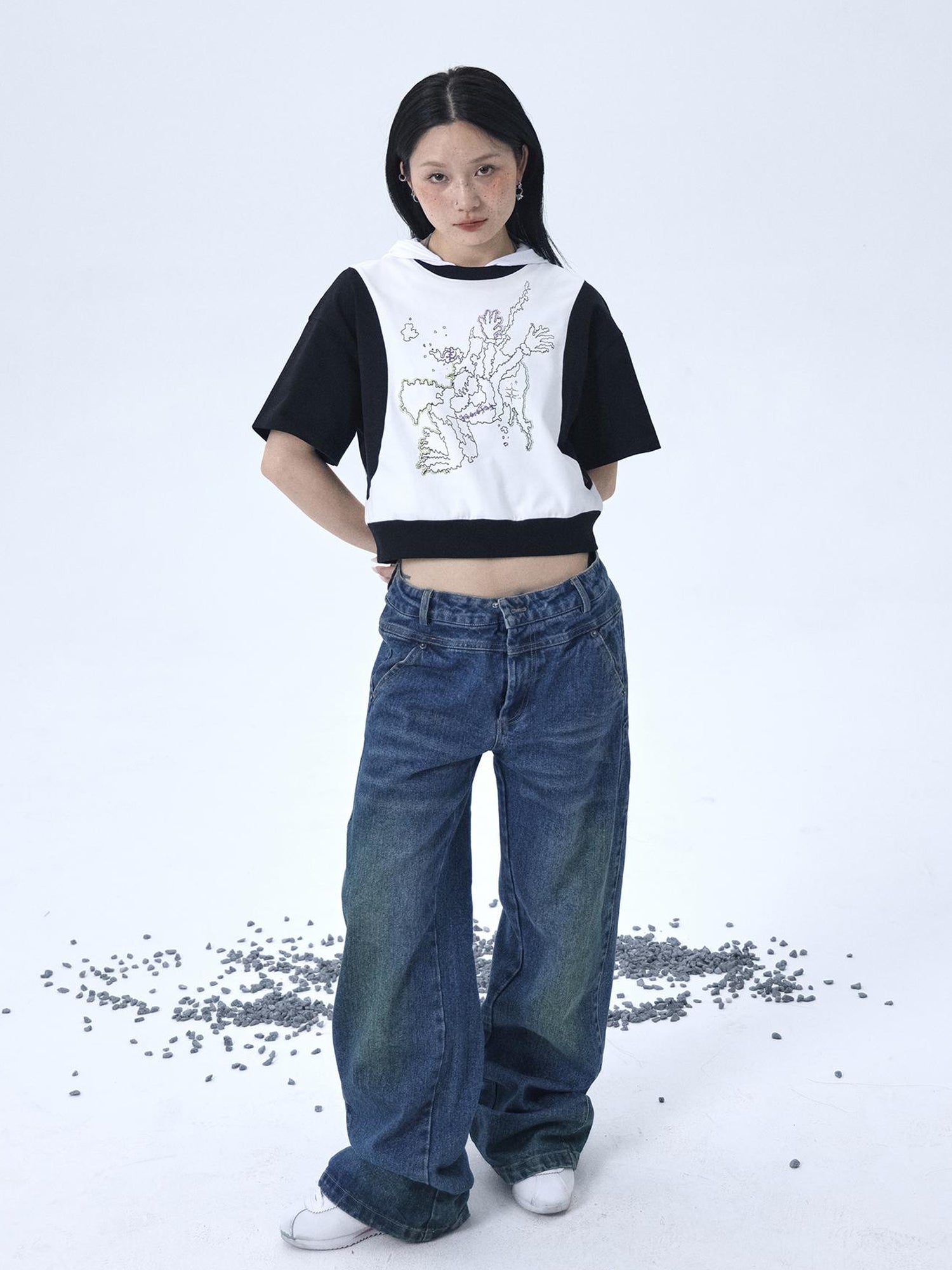 Achihara Map Print Cropped Cotton Tee