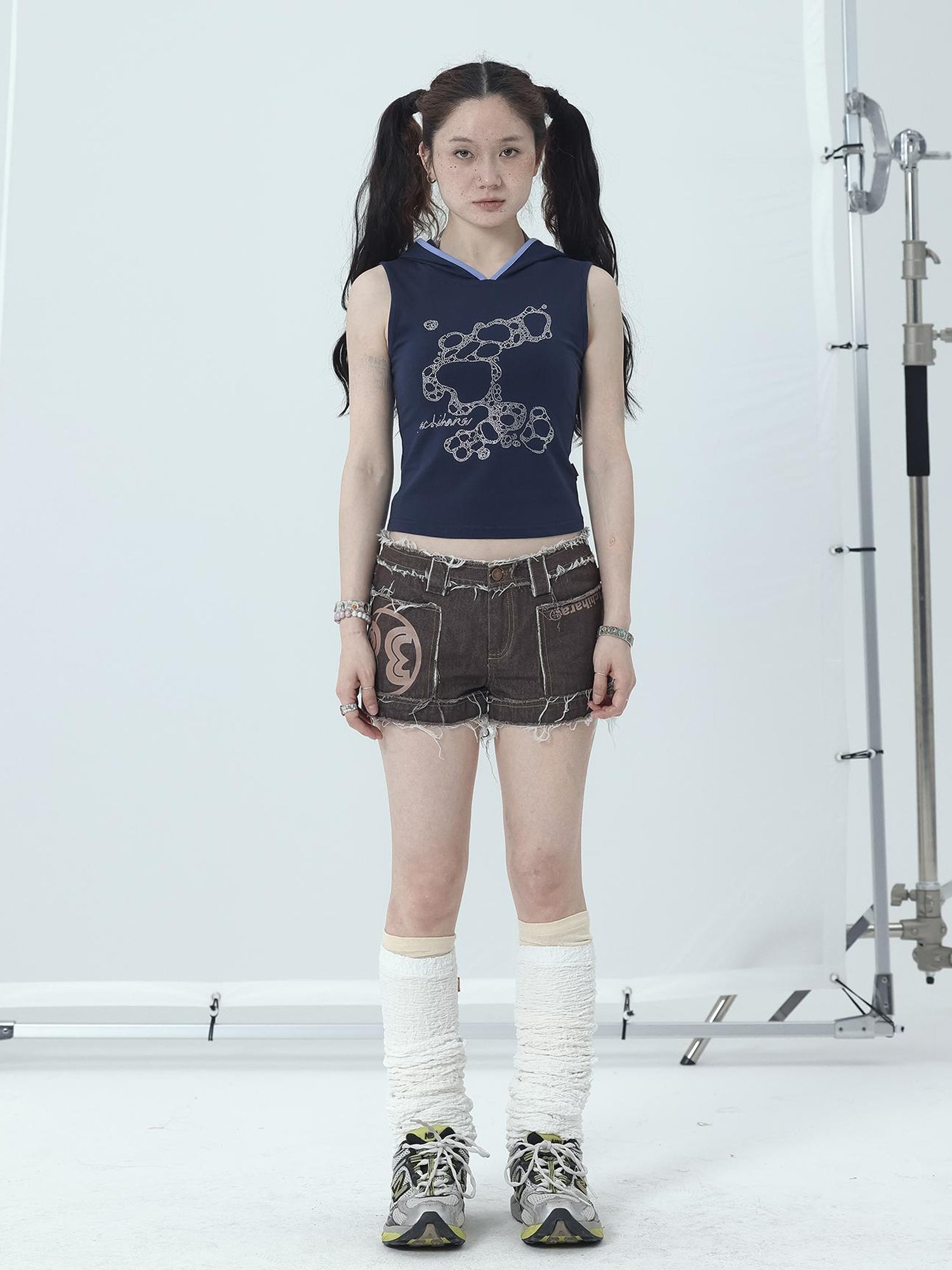Achihara Maria Vintage Washed Denim Shorts Frayed Hem