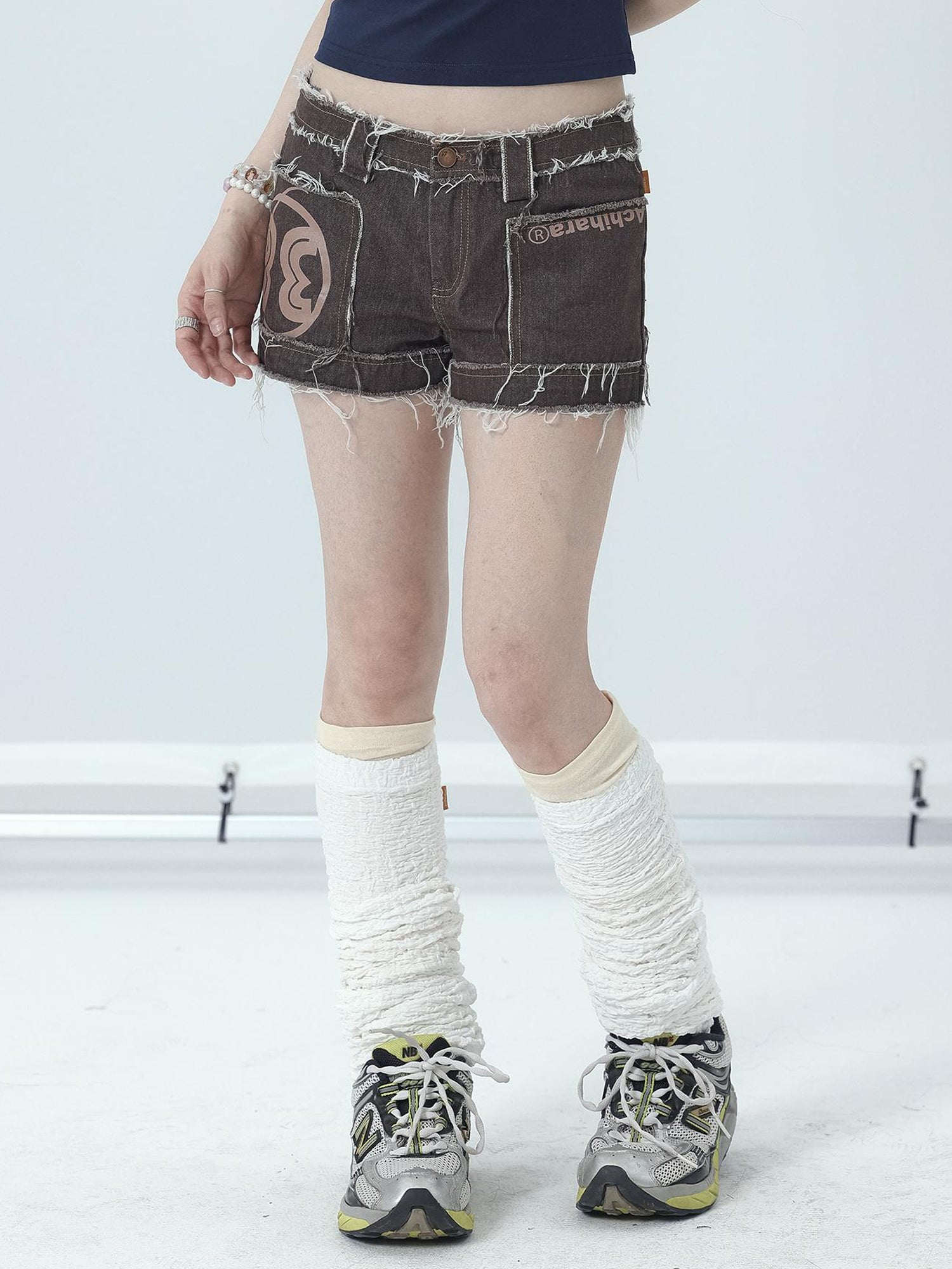 Achihara Maria Vintage Washed Denim Shorts Frayed Hem