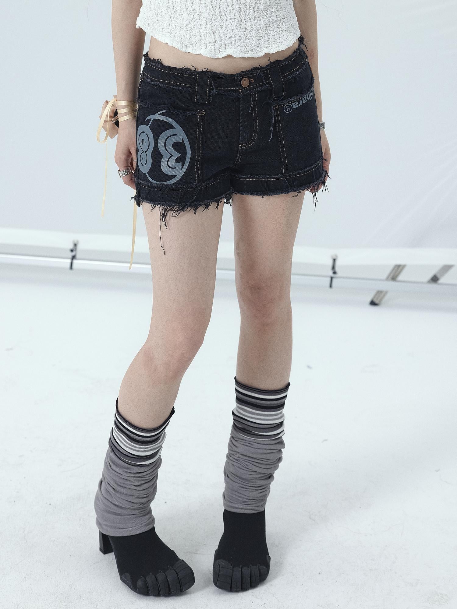 Achihara Maria Vintage Washed Denim Shorts Frayed Hem