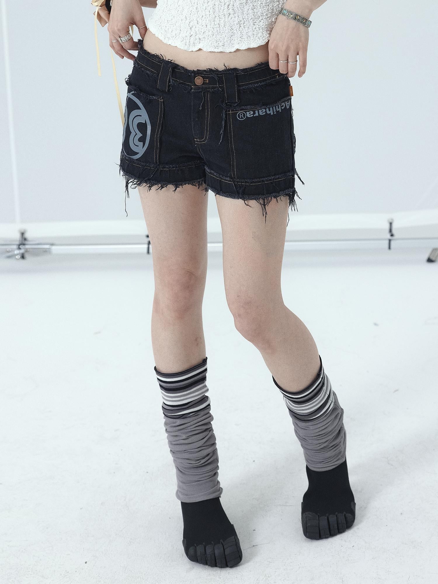 Achihara Maria Vintage Washed Denim Shorts Frayed Hem