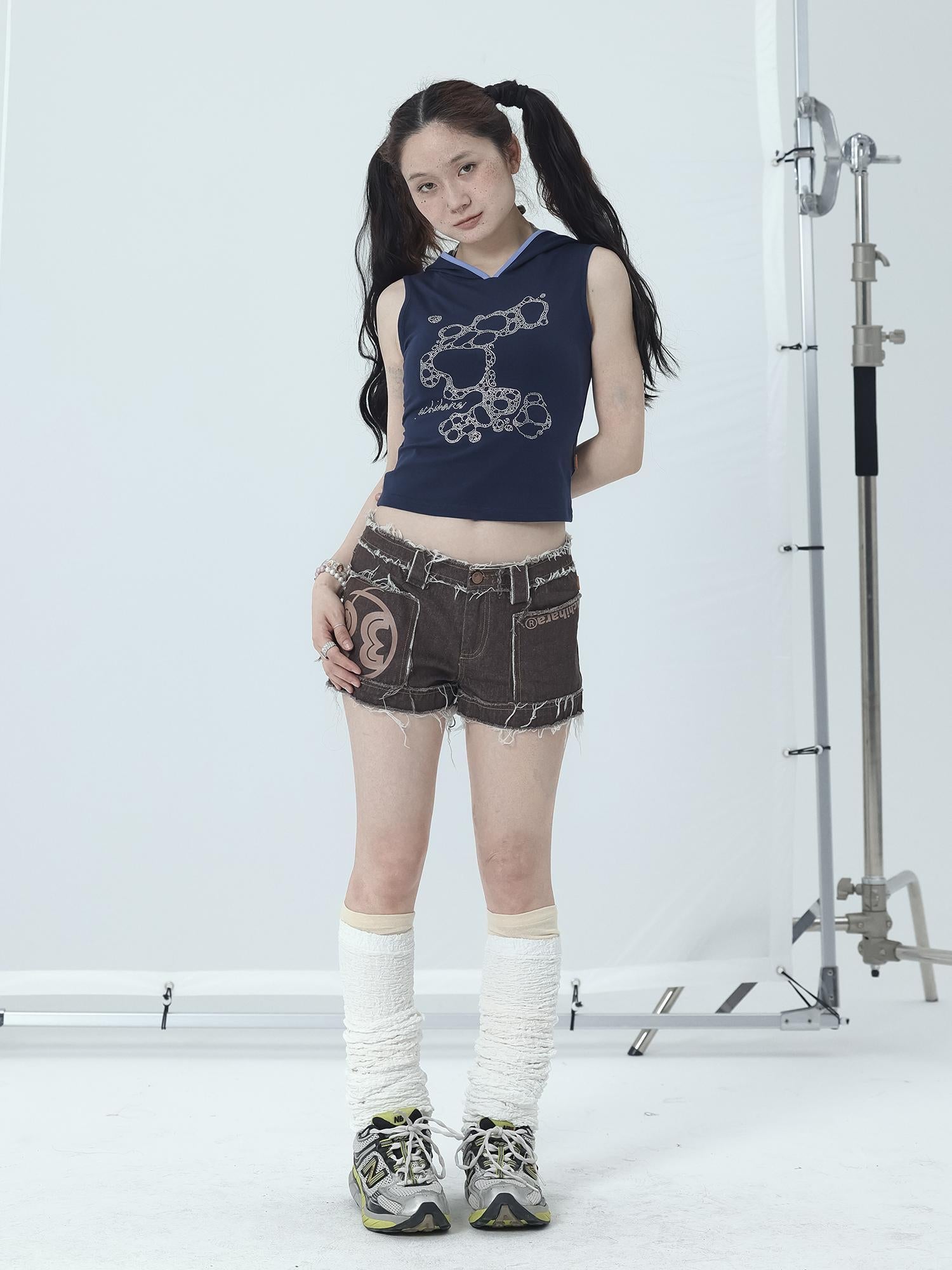 Achihara Maria Vintage Washed Denim Shorts Frayed Hem