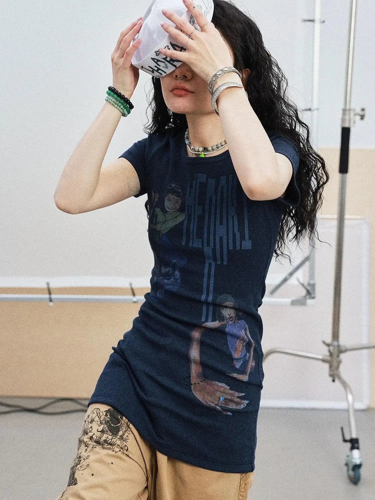 Meraki Universe T Shirt Dress V Neck Long Sleeve