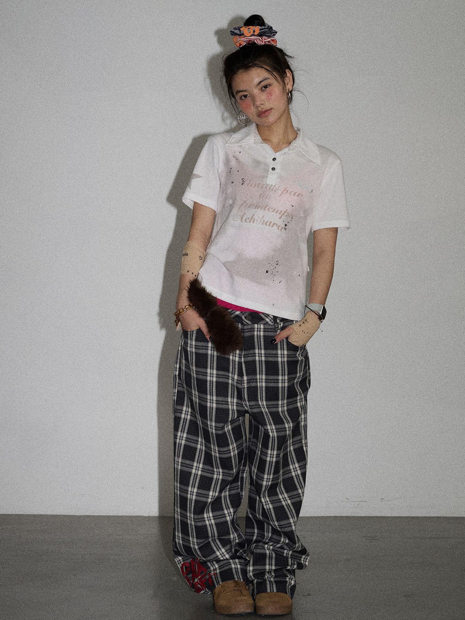 Achihara Mosaic Checkered Wide Leg Trousers With Embroidered Cuffs