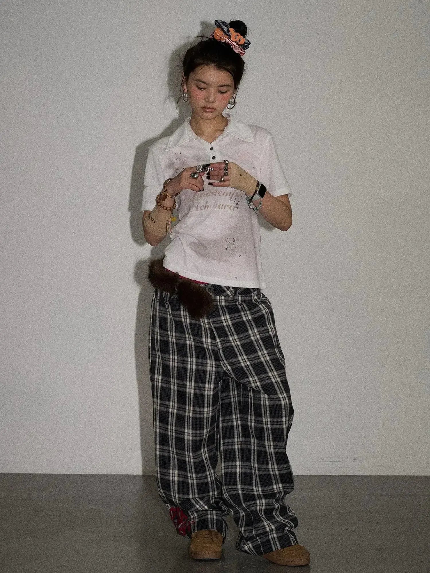 Mosaic Checkered Wide Leg Trousers With Embroidered Cuffs