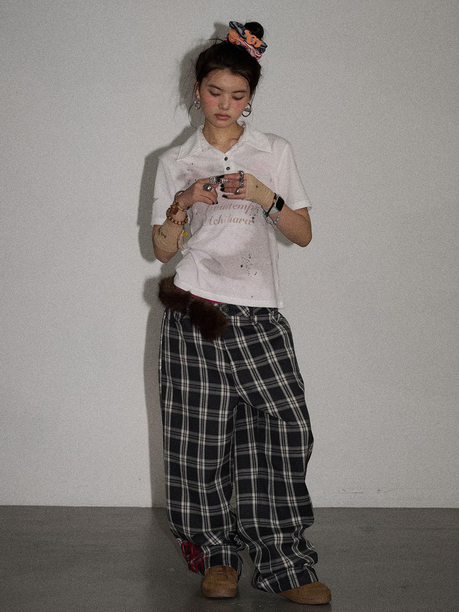 Achihara Mosaic Checkered Wide Leg Trousers With Embroidered Cuffs