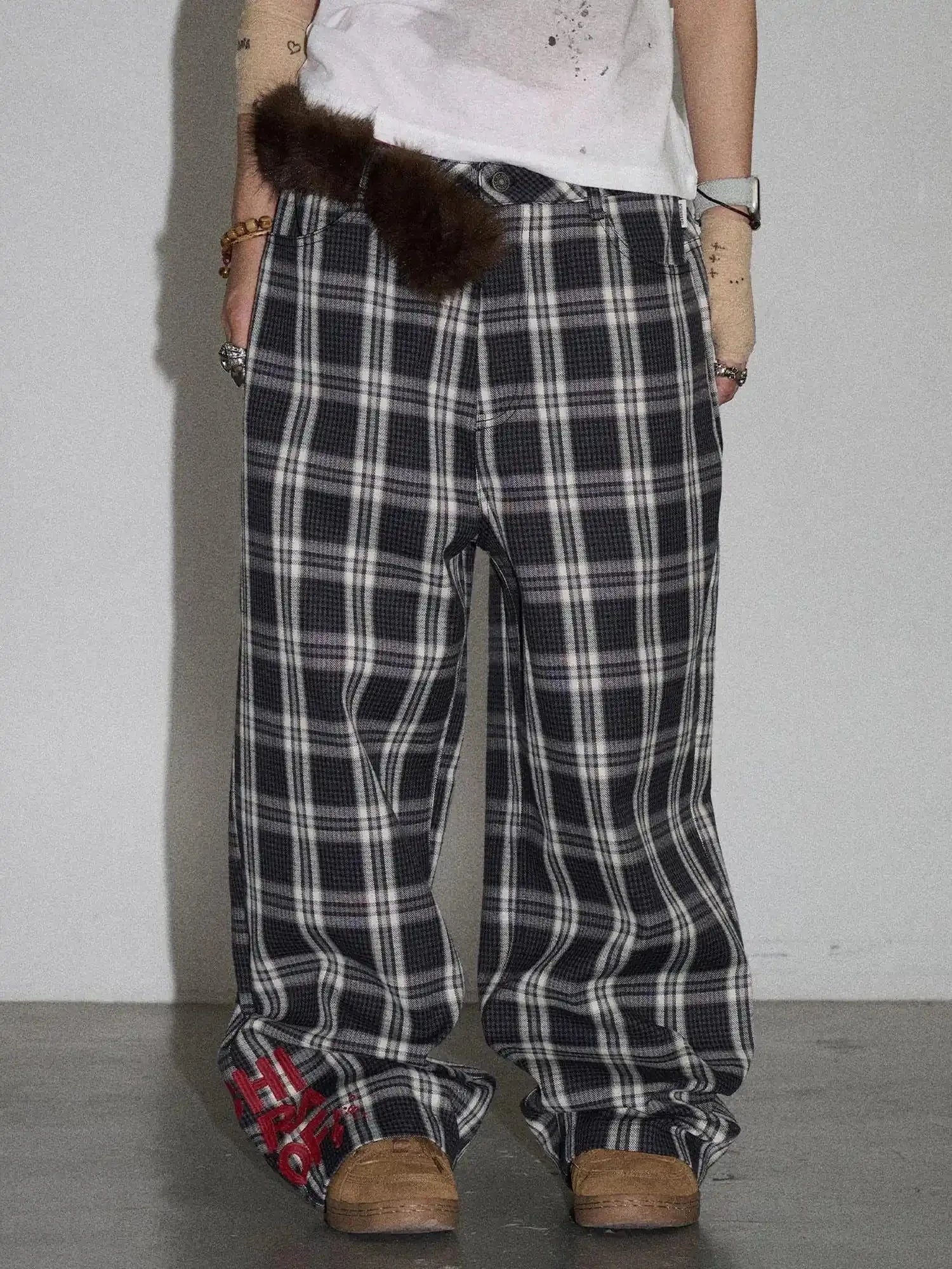 Mosaic Checkered Wide Leg Trousers With Embroidered Cuffs