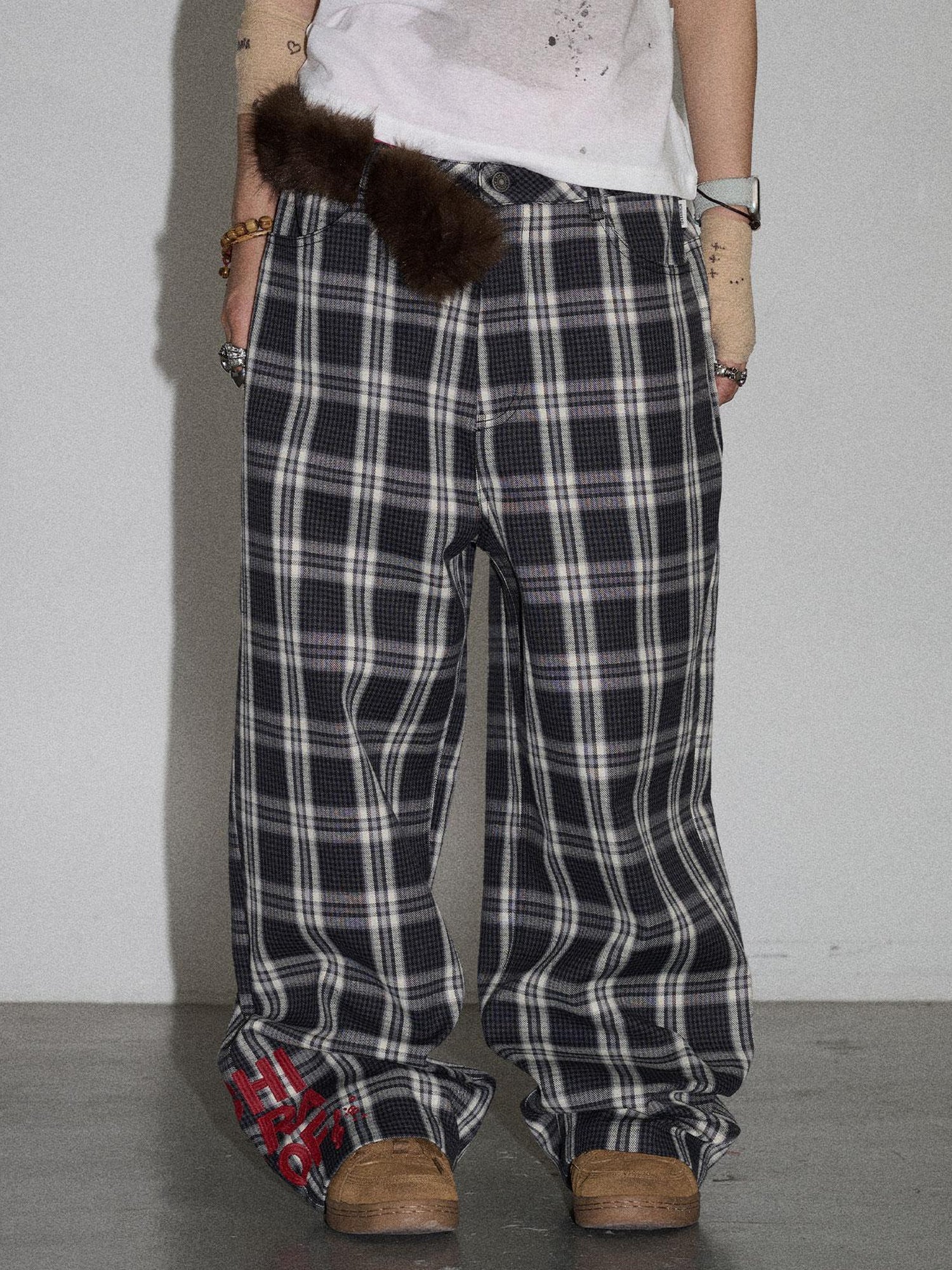 Achihara Mosaic Checkered Wide Leg Trousers With Embroidered Cuffs
