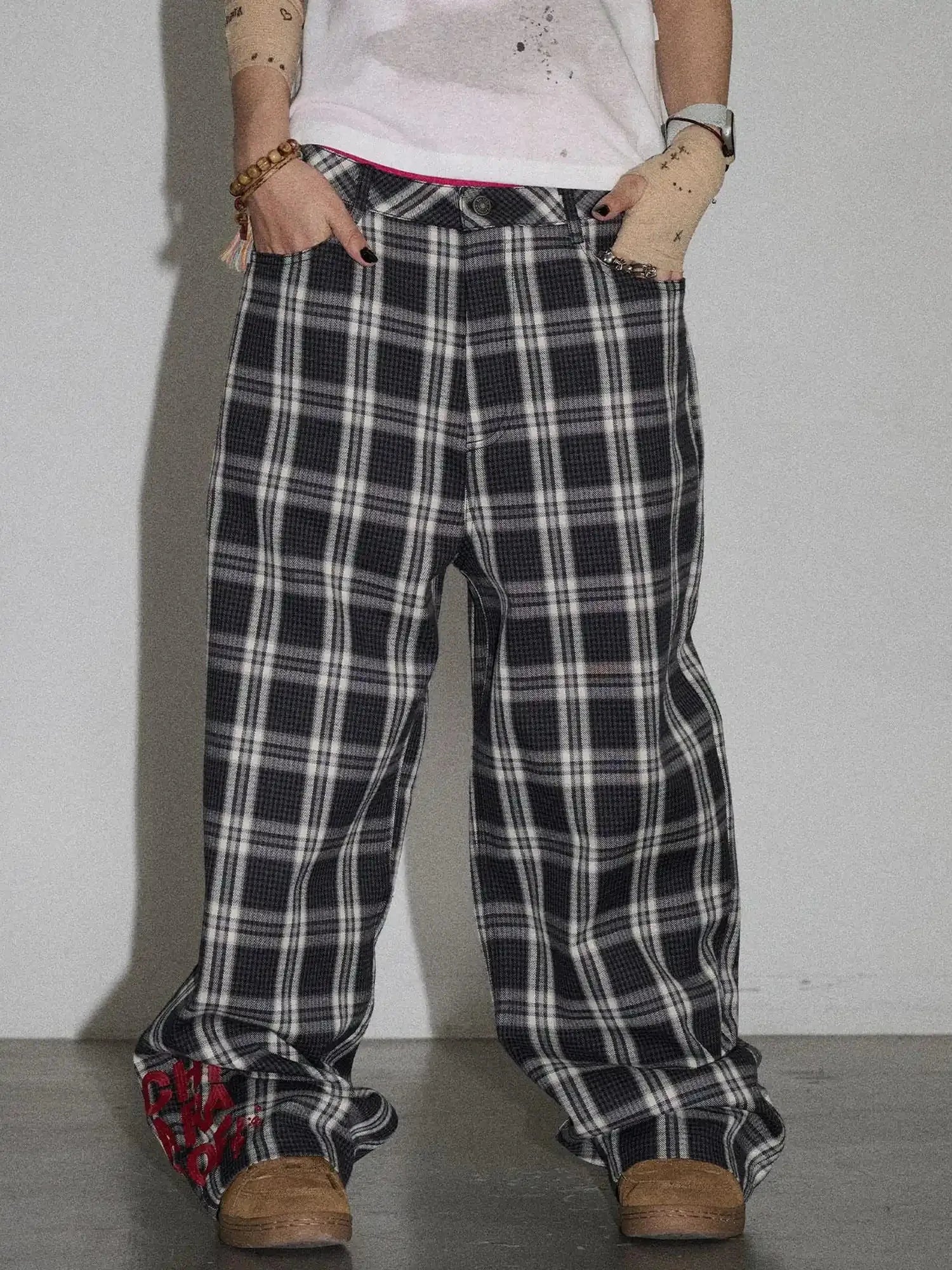 Mosaic Checkered Wide Leg Trousers With Embroidered Cuffs