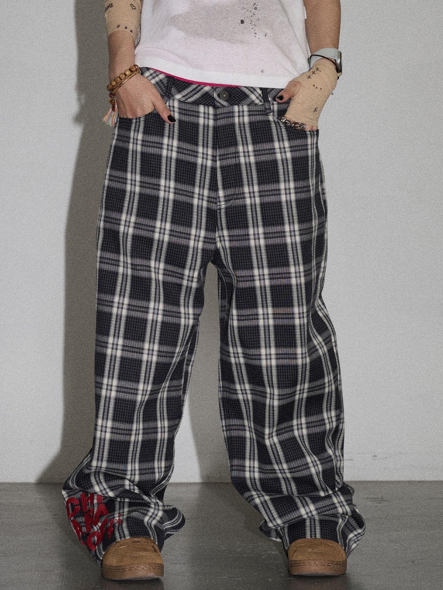Achihara Mosaic Checkered Wide Leg Trousers With Embroidered Cuffs