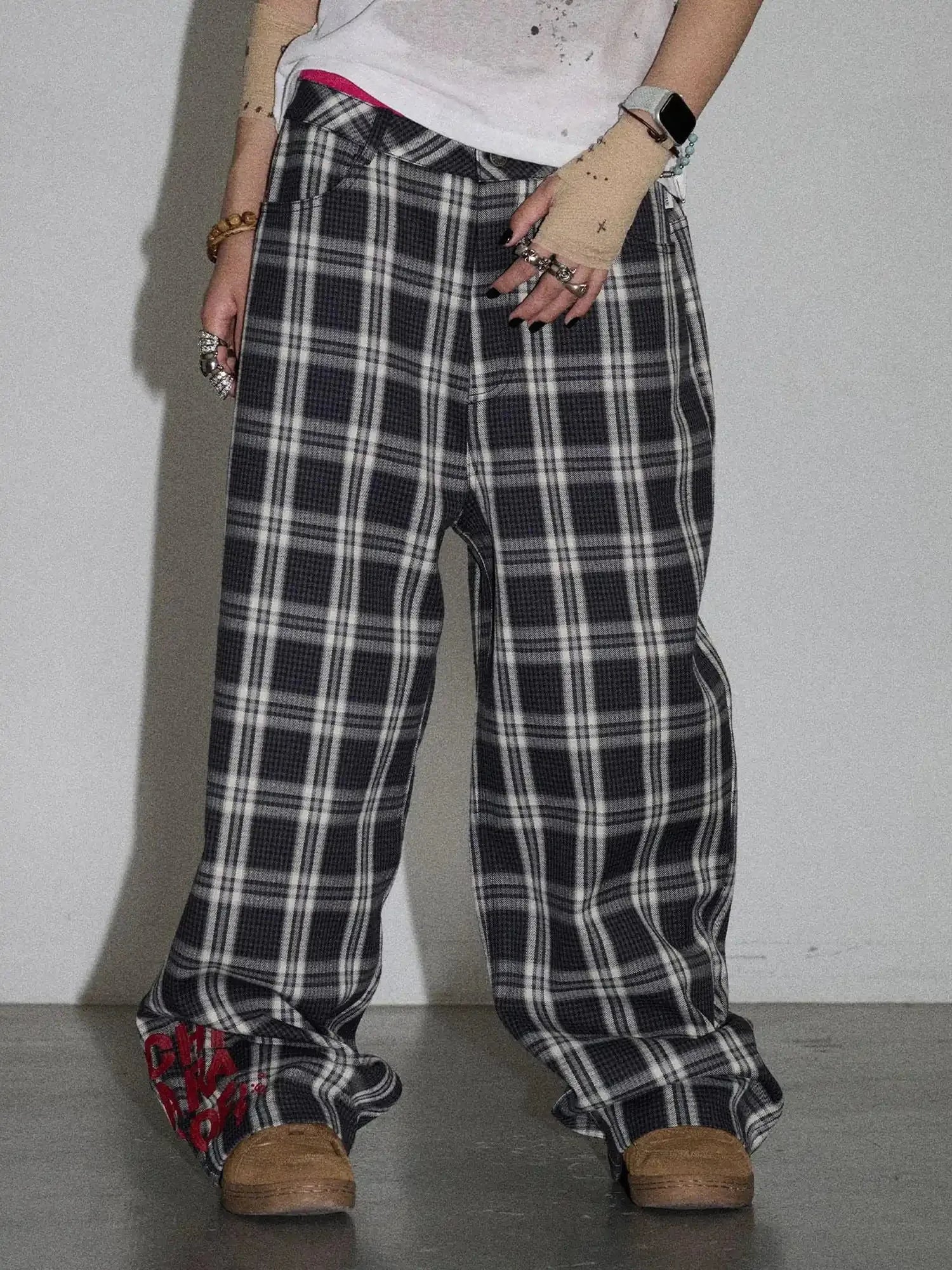 Mosaic Checkered Wide Leg Trousers With Embroidered Cuffs