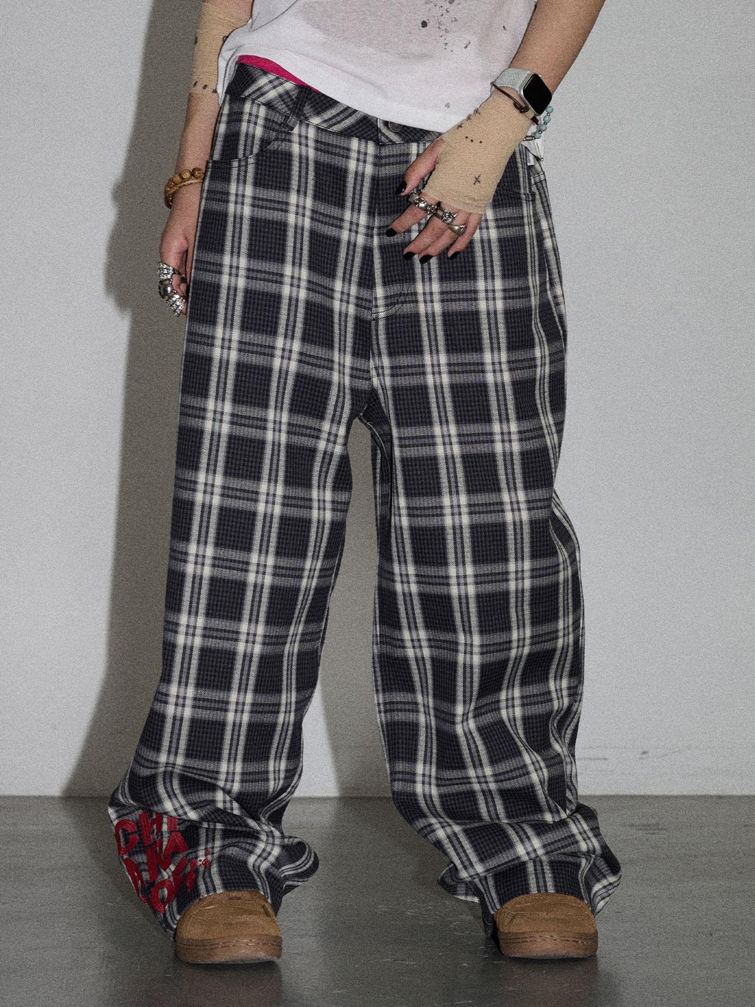Achihara Mosaic Checkered Wide Leg Trousers With Embroidered Cuffs