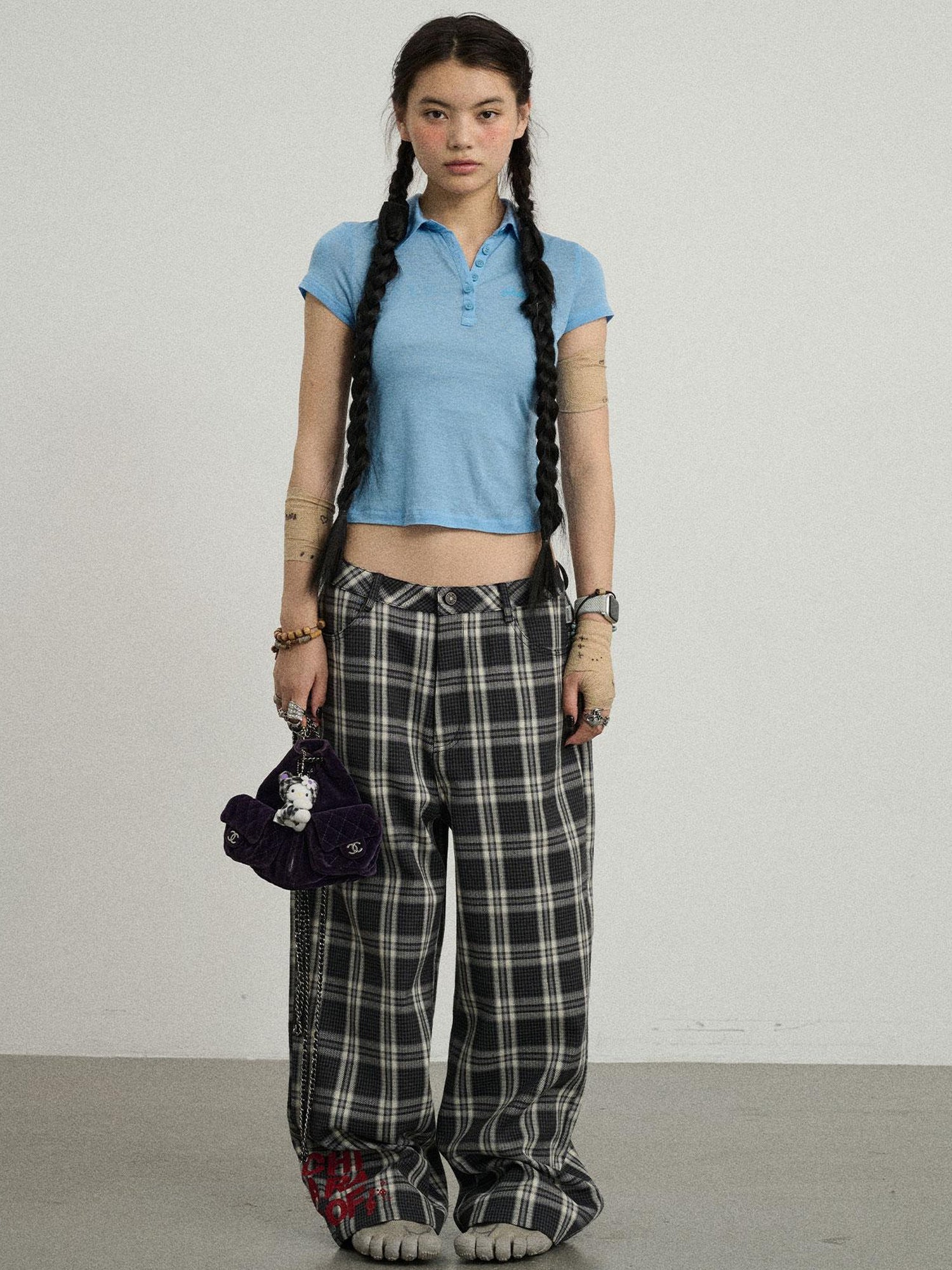 Achihara Mosaic Checkered Wide Leg Trousers With Embroidered Cuffs