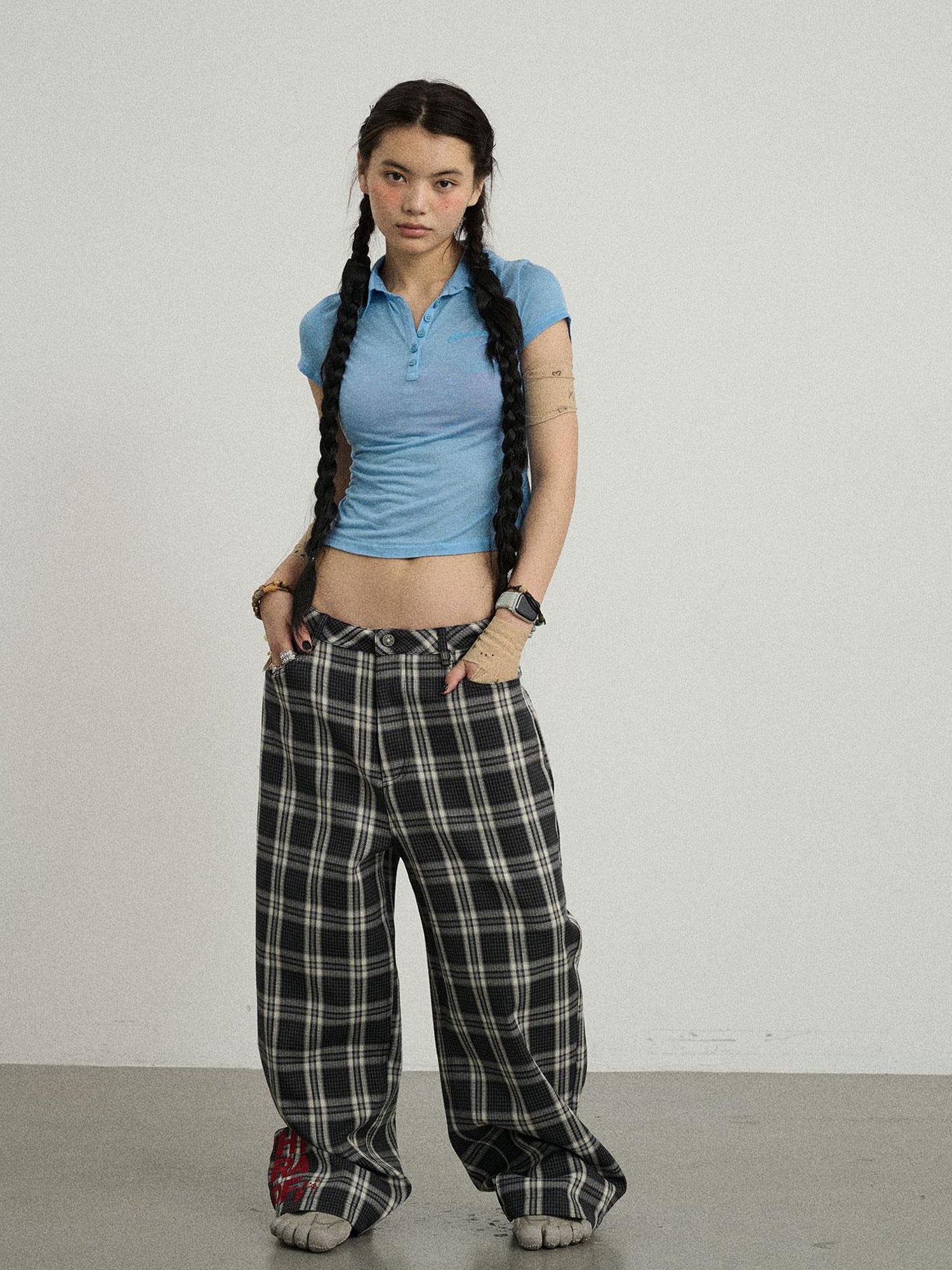 Achihara Mosaic Checkered Wide Leg Trousers With Embroidered Cuffs