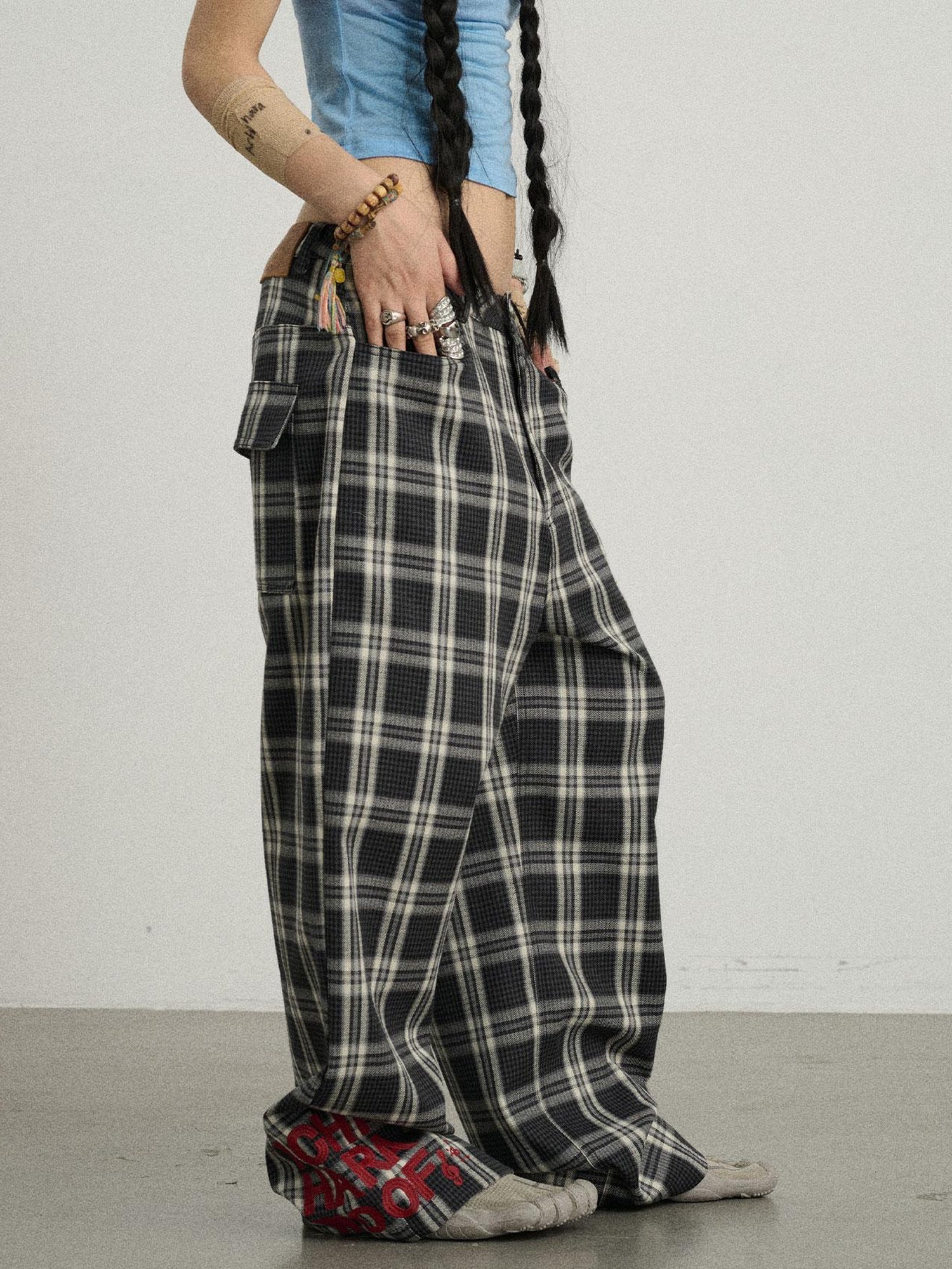 Achihara Mosaic Checkered Wide Leg Trousers With Embroidered Cuffs