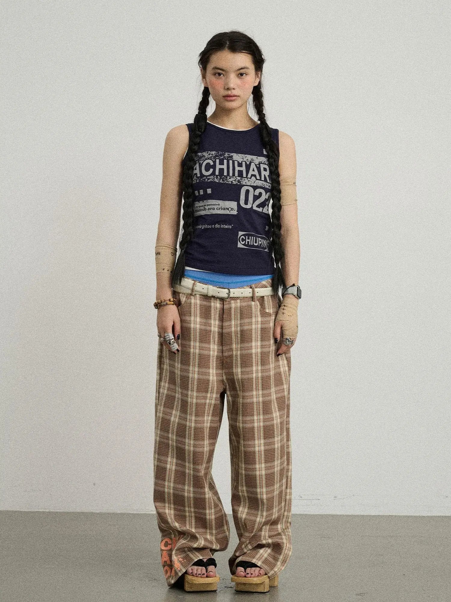 Mosaic Checkered Wide Leg Trousers With Embroidered Cuffs