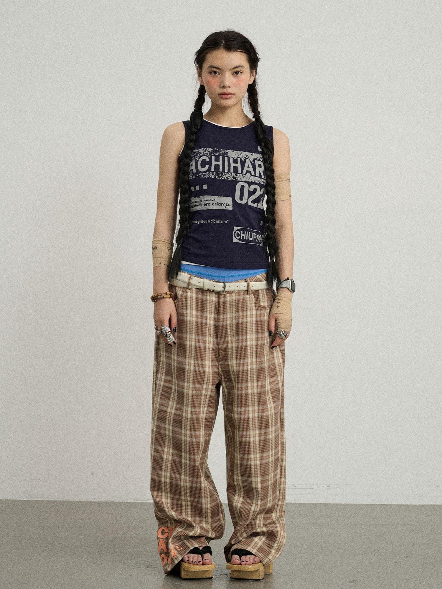 Achihara Mosaic Checkered Wide Leg Trousers With Embroidered Cuffs