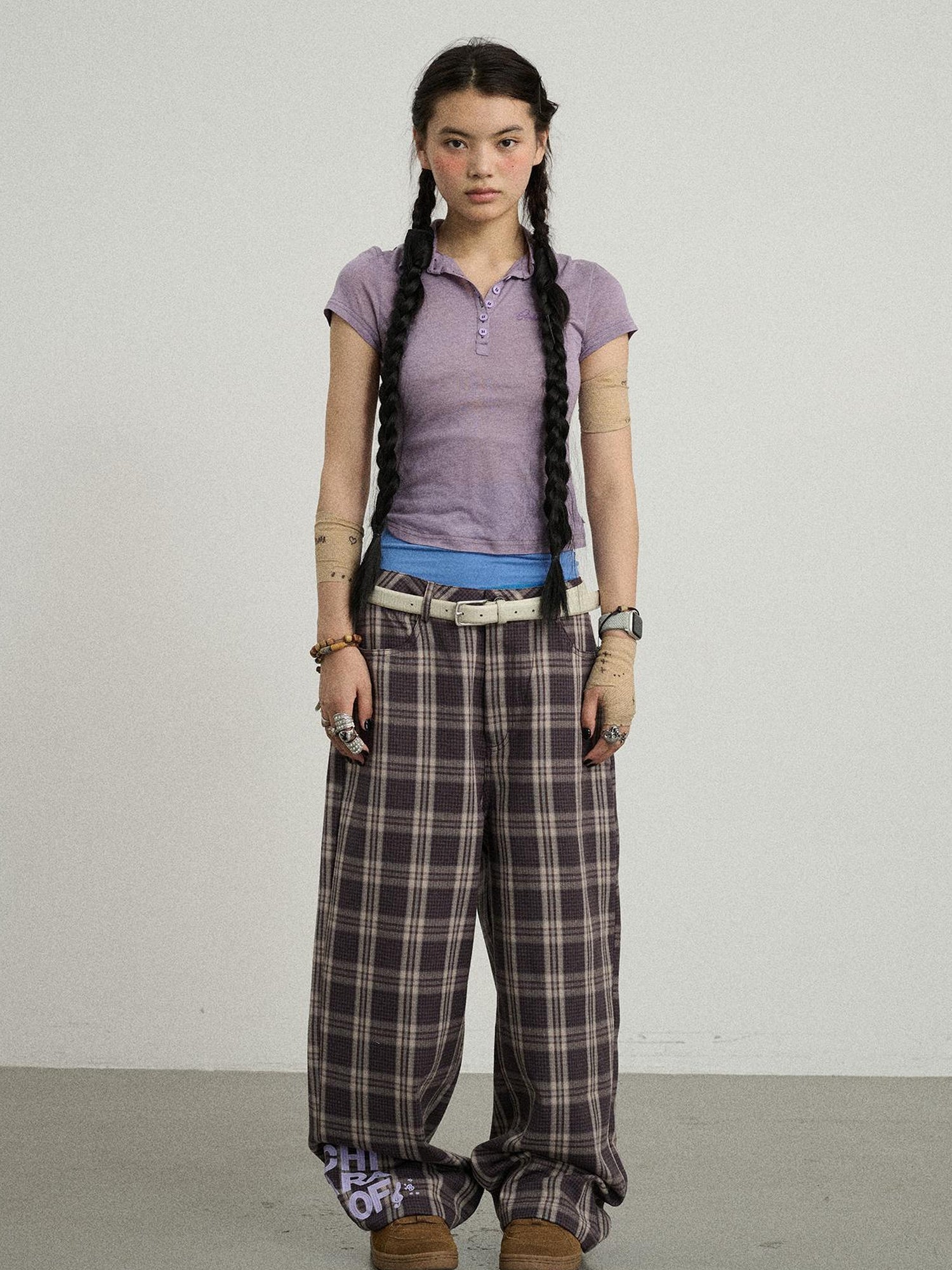 Achihara Mosaic Checkered Wide Leg Trousers With Embroidered Cuffs