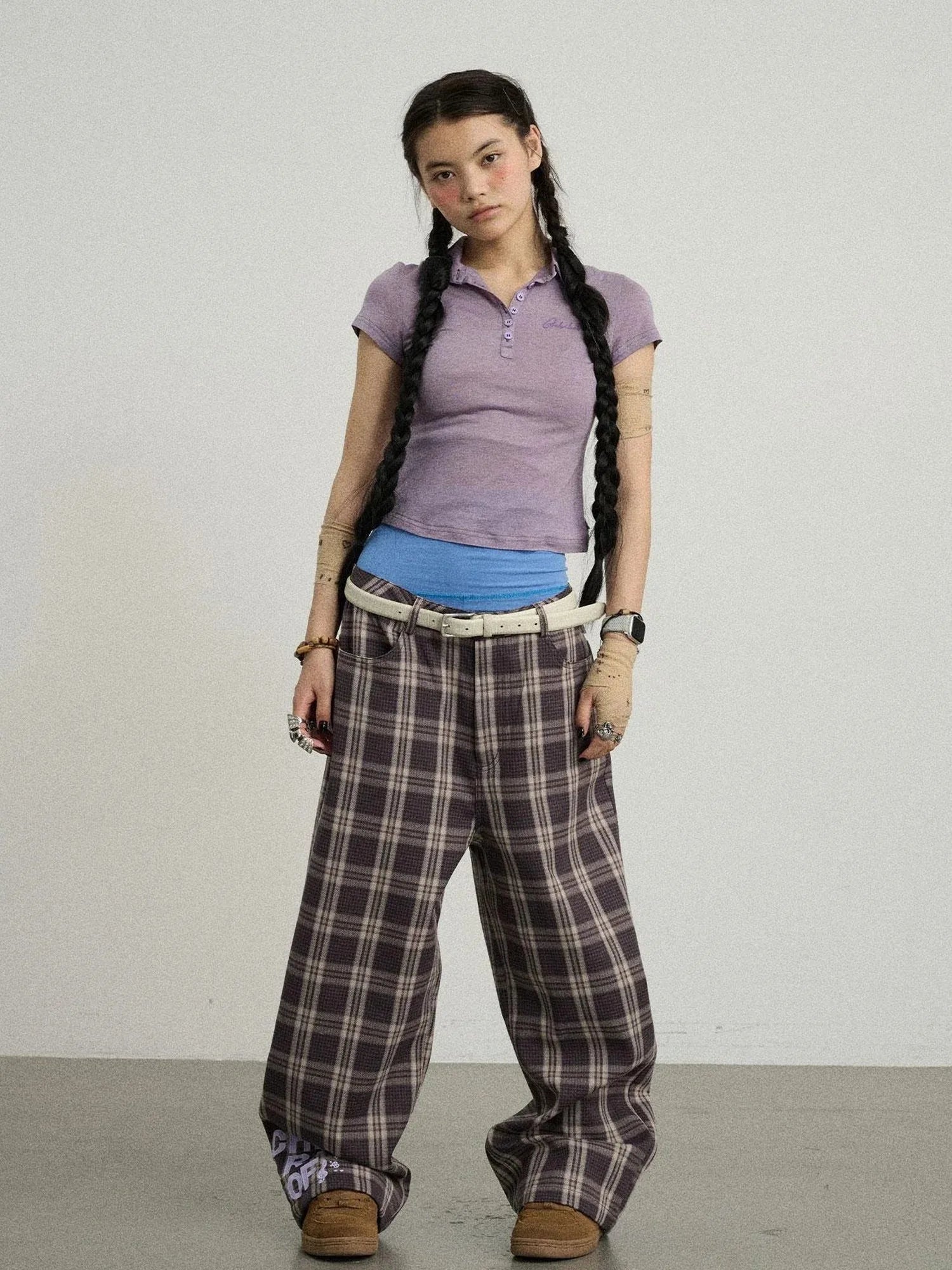 Mosaic Checkered Wide Leg Trousers With Embroidered Cuffs