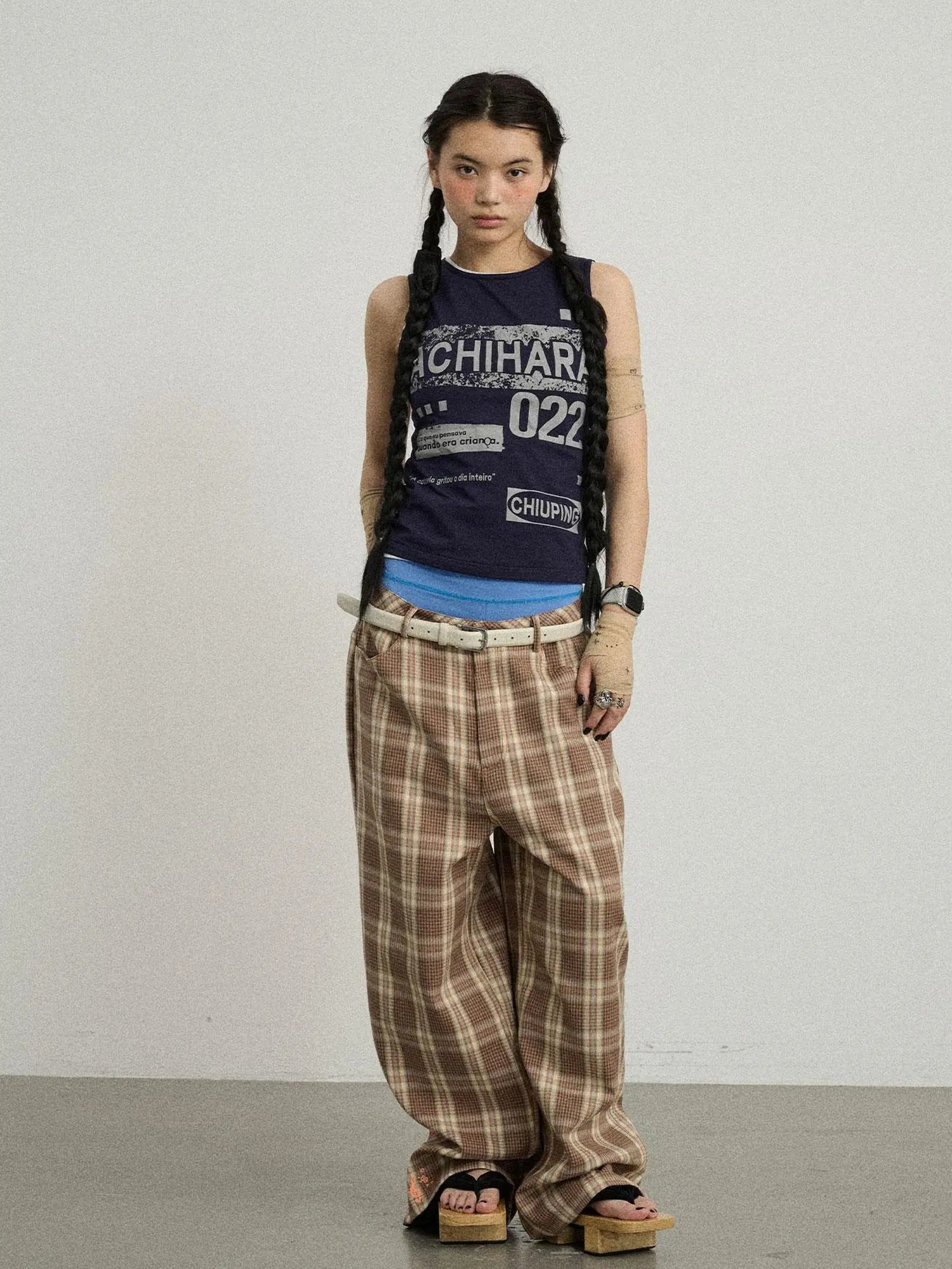 Mosaic Checkered Wide Leg Trousers With Embroidered Cuffs
