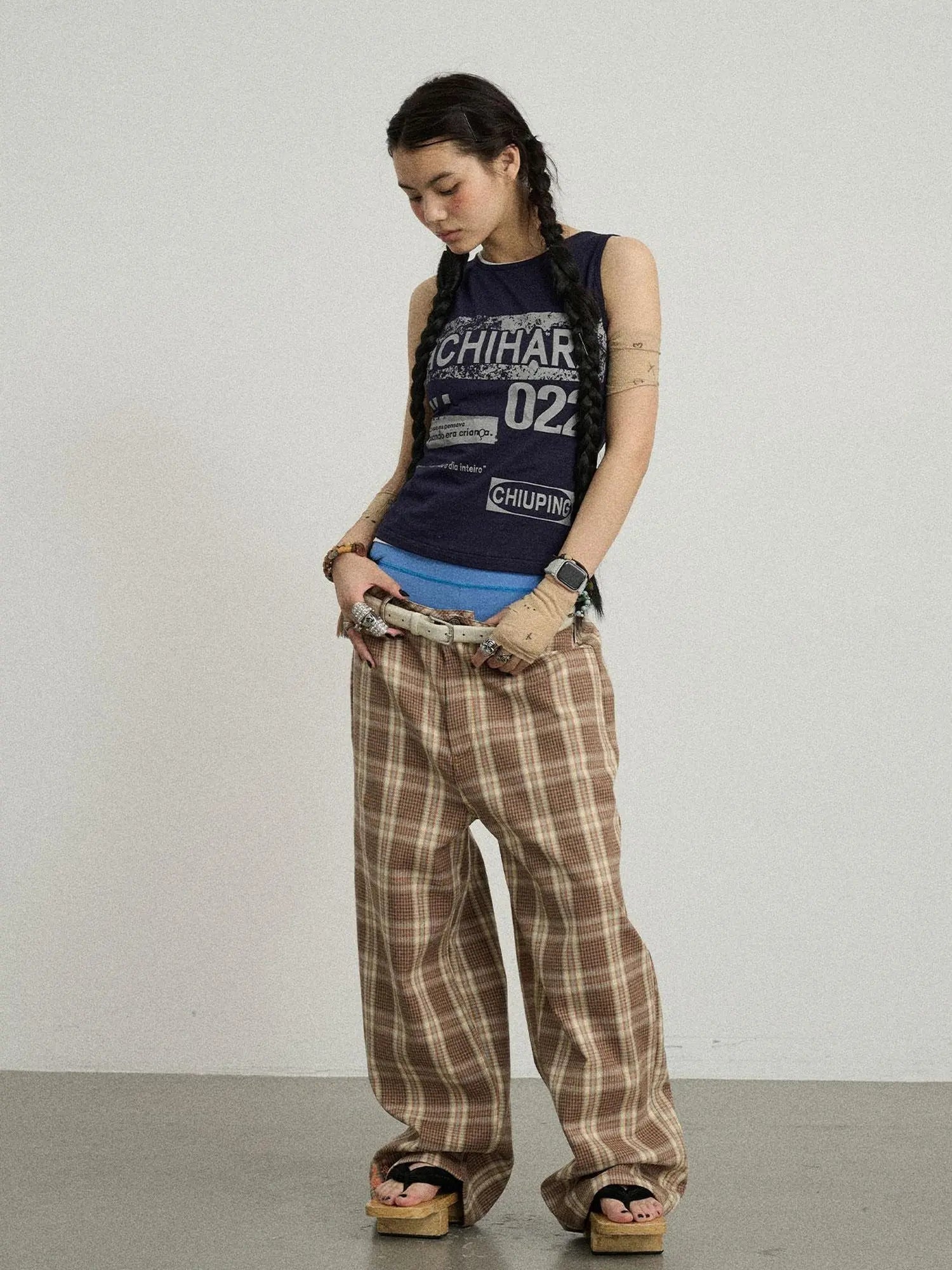 Mosaic Checkered Wide Leg Trousers With Embroidered Cuffs