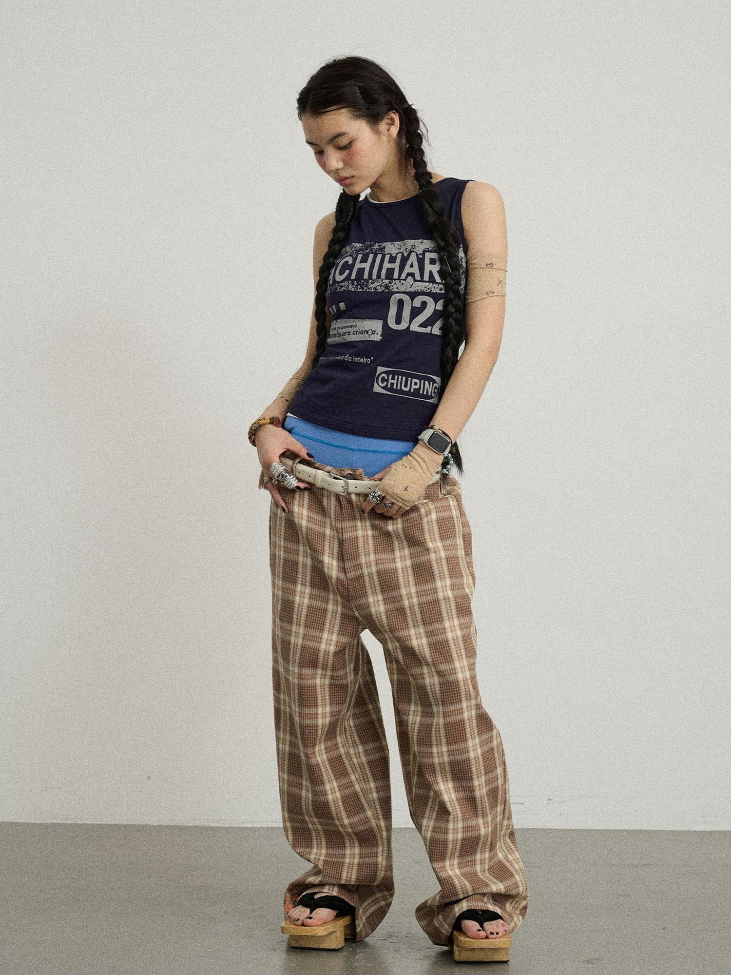 Achihara Mosaic Checkered Wide Leg Trousers With Embroidered Cuffs