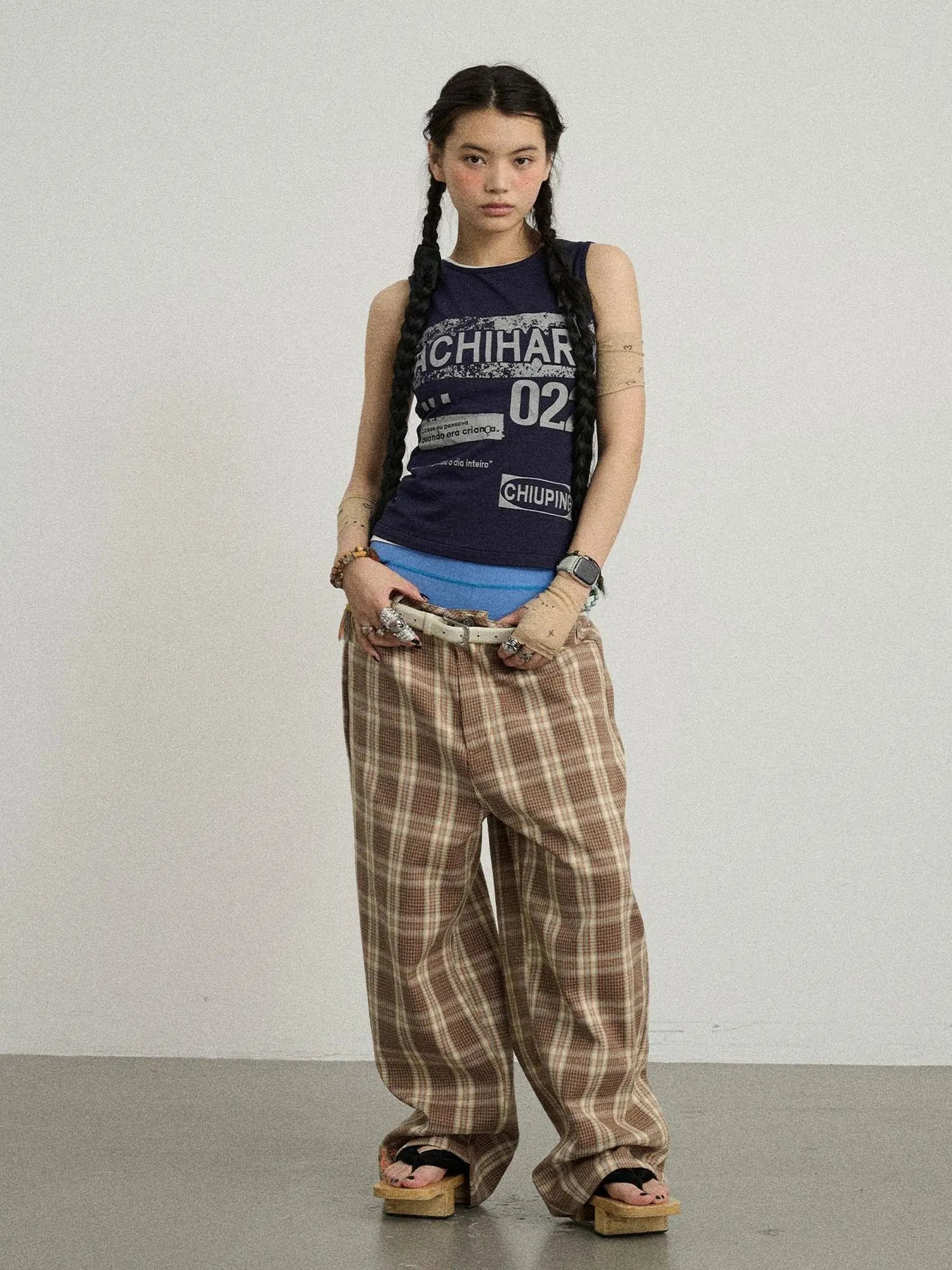 Mosaic Checkered Wide Leg Trousers With Embroidered Cuffs