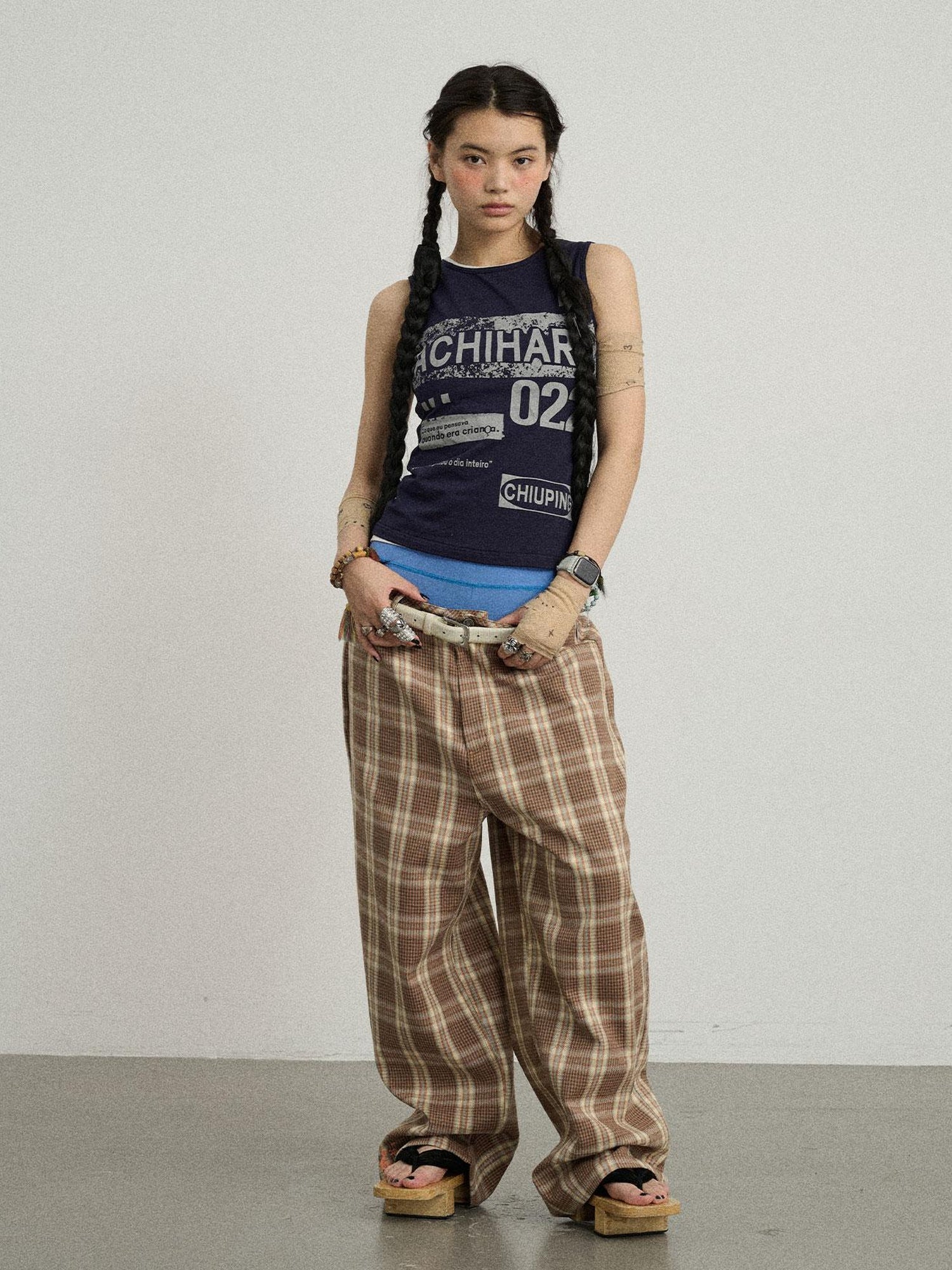 Achihara Mosaic Checkered Wide Leg Trousers With Embroidered Cuffs