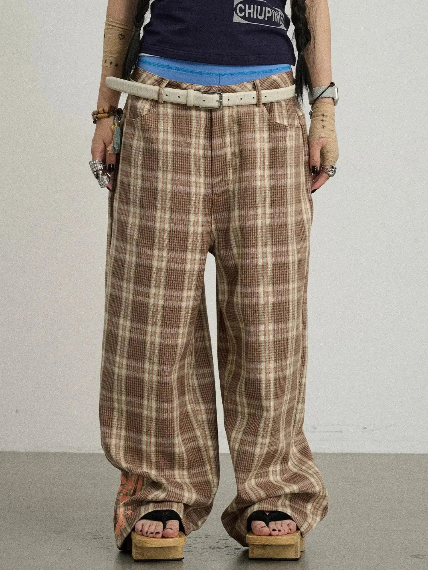 Mosaic Checkered Wide Leg Trousers With Embroidered Cuffs