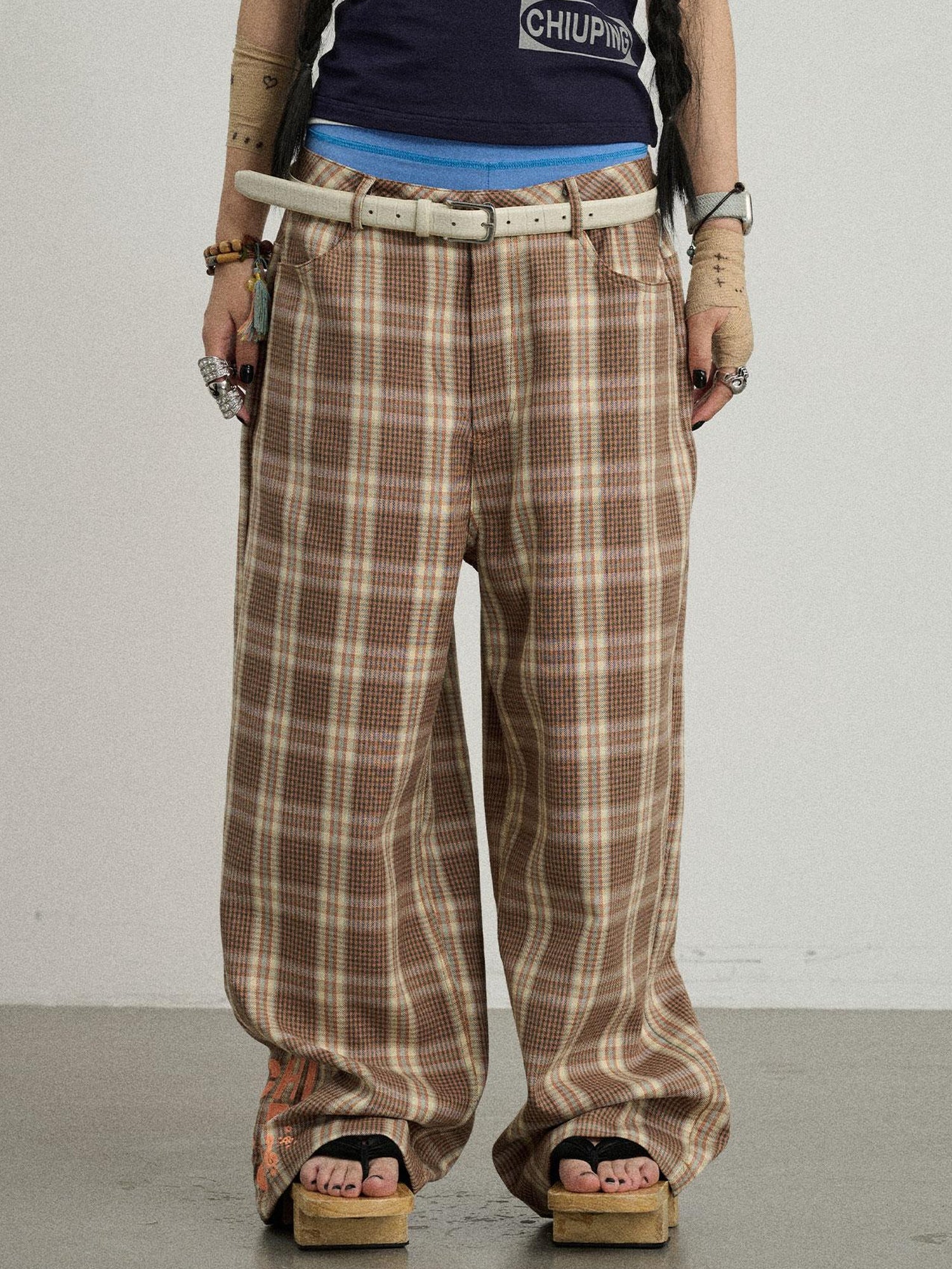 Achihara Mosaic Checkered Wide Leg Trousers With Embroidered Cuffs