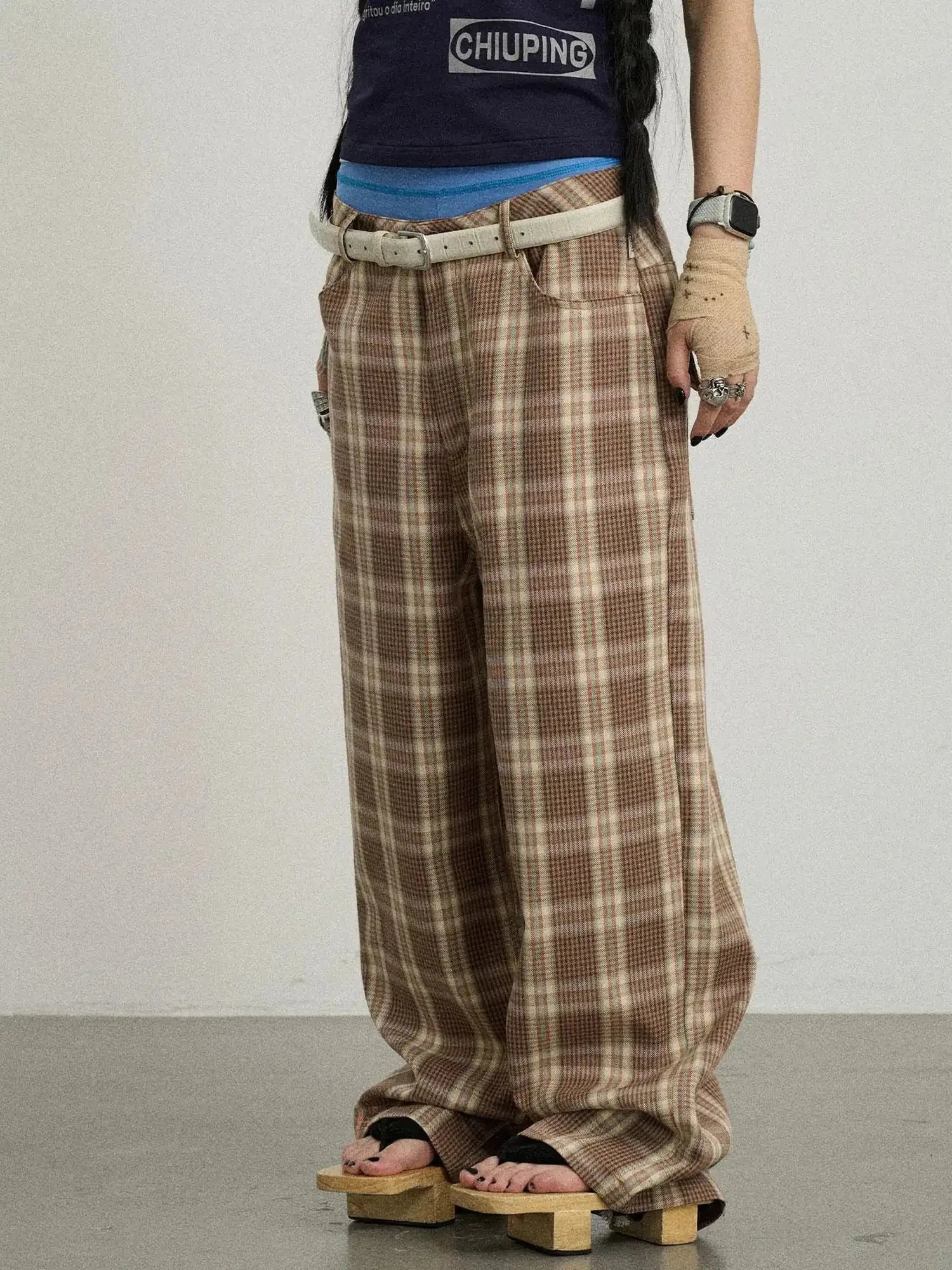 Mosaic Checkered Wide Leg Trousers With Embroidered Cuffs