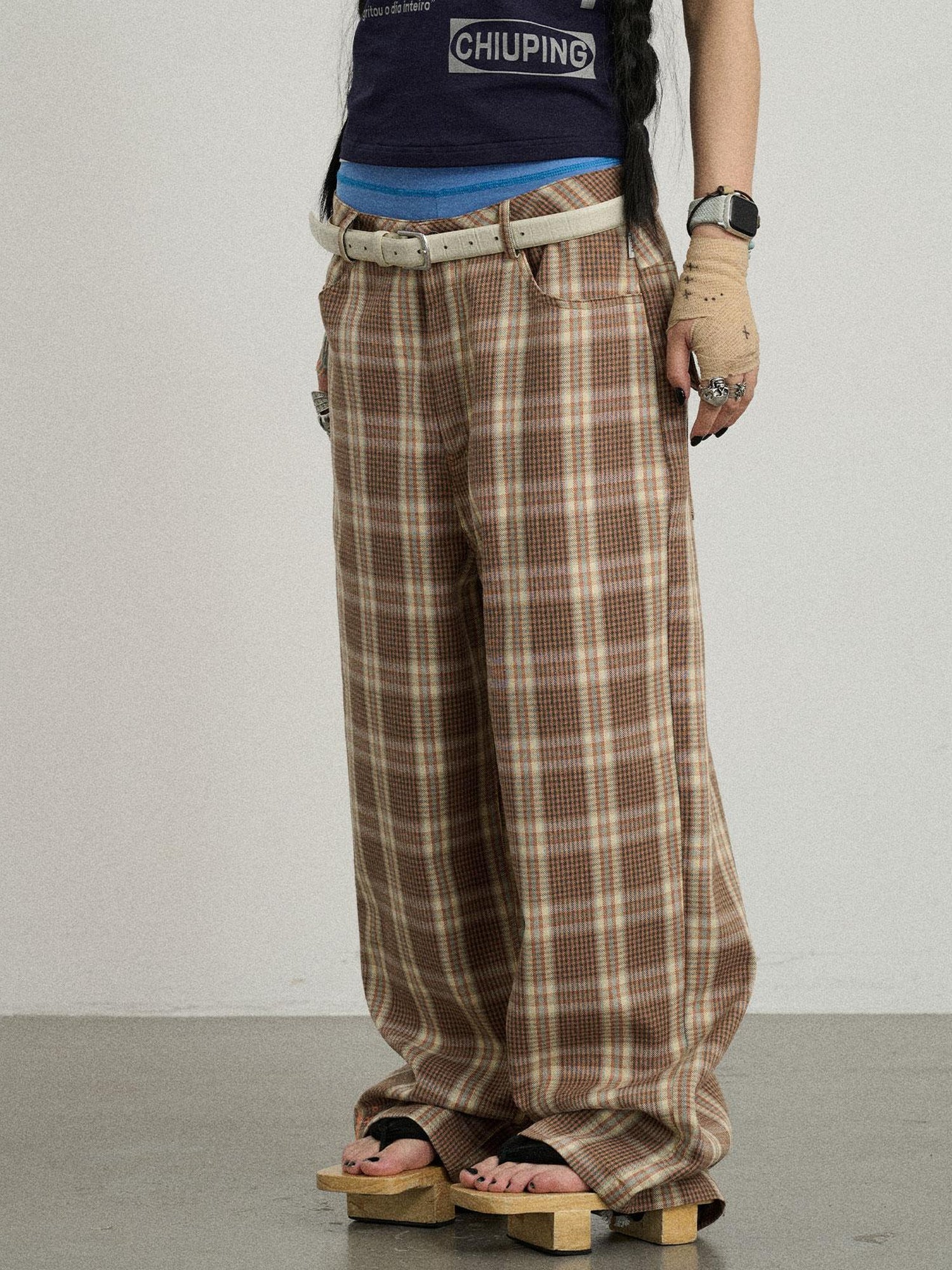 Achihara Mosaic Checkered Wide Leg Trousers With Embroidered Cuffs