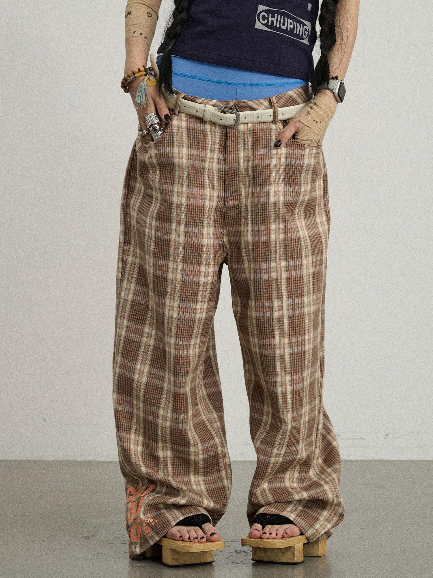Achihara Mosaic Checkered Wide Leg Trousers With Embroidered Cuffs