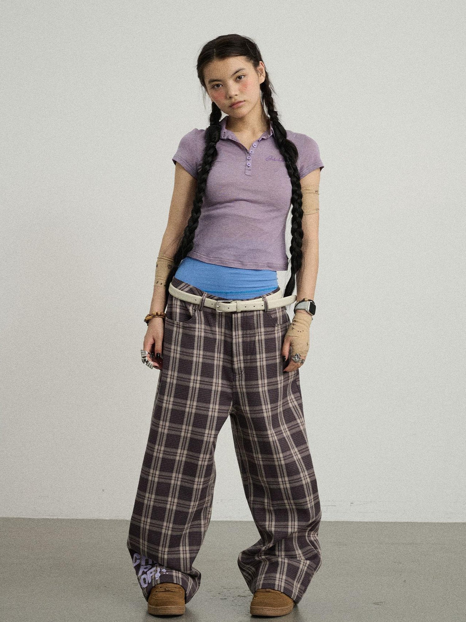 Achihara Mosaic Checkered Wide Leg Trousers With Embroidered Cuffs