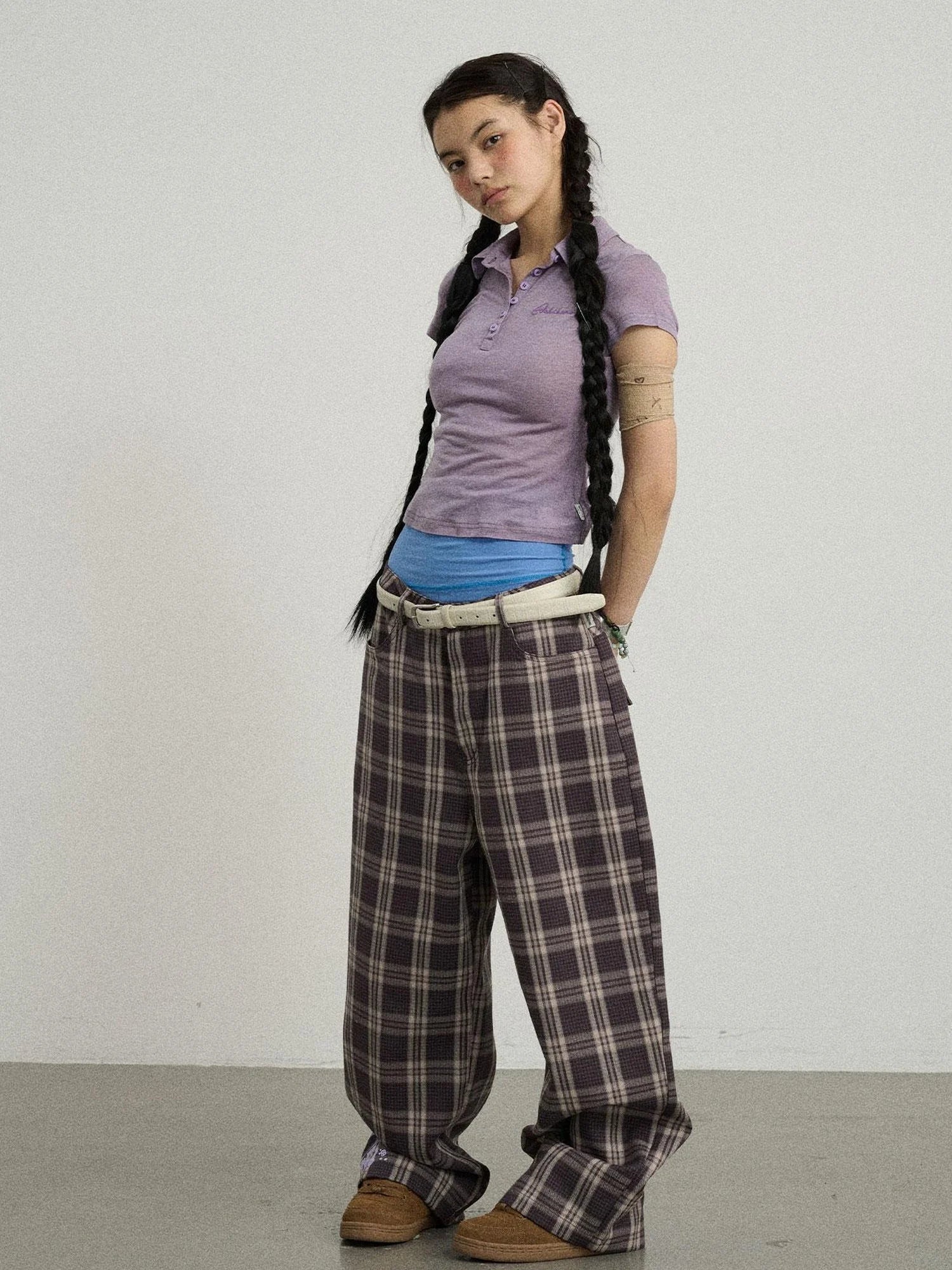 Mosaic Checkered Wide Leg Trousers With Embroidered Cuffs