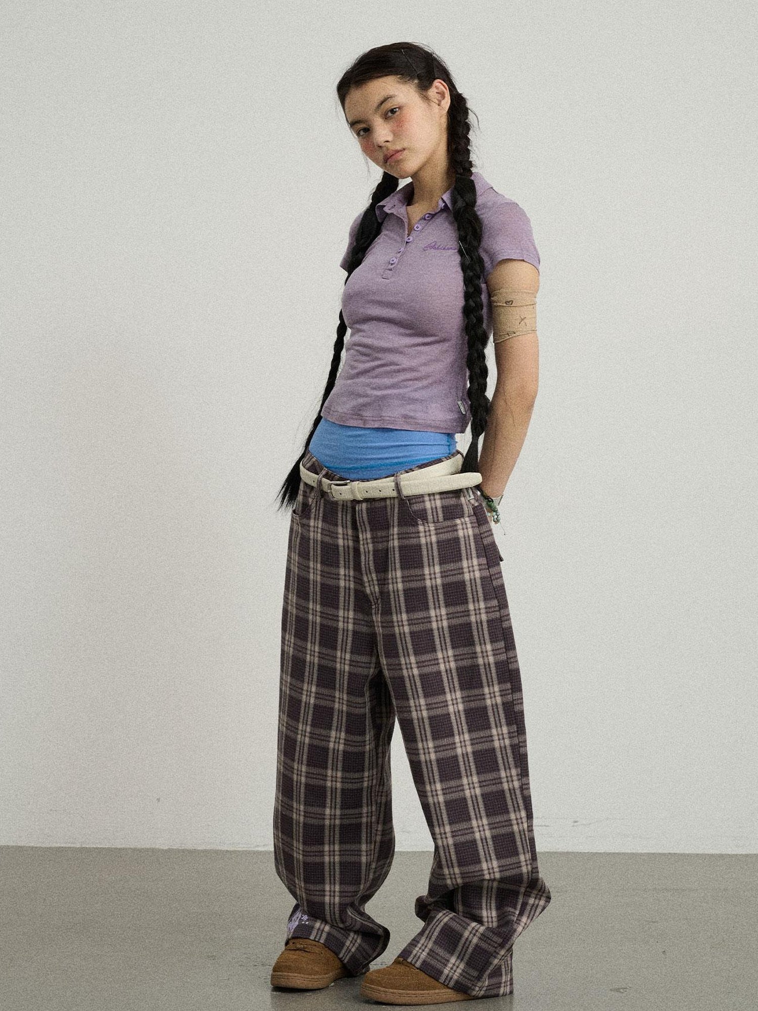 Achihara Mosaic Checkered Wide Leg Trousers With Embroidered Cuffs