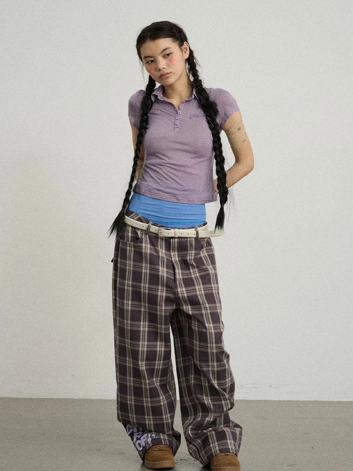 Mosaic Checkered Wide Leg Trousers With Embroidered Cuffs