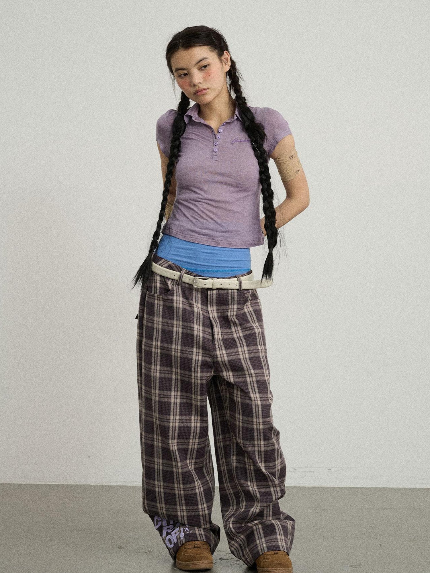 Achihara Mosaic Checkered Wide Leg Trousers With Embroidered Cuffs