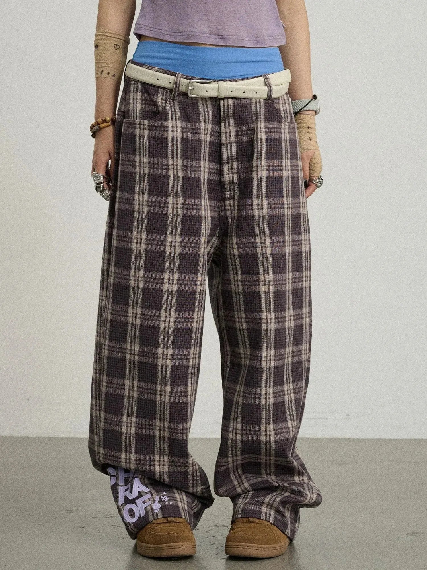 Mosaic Checkered Wide Leg Trousers With Embroidered Cuffs