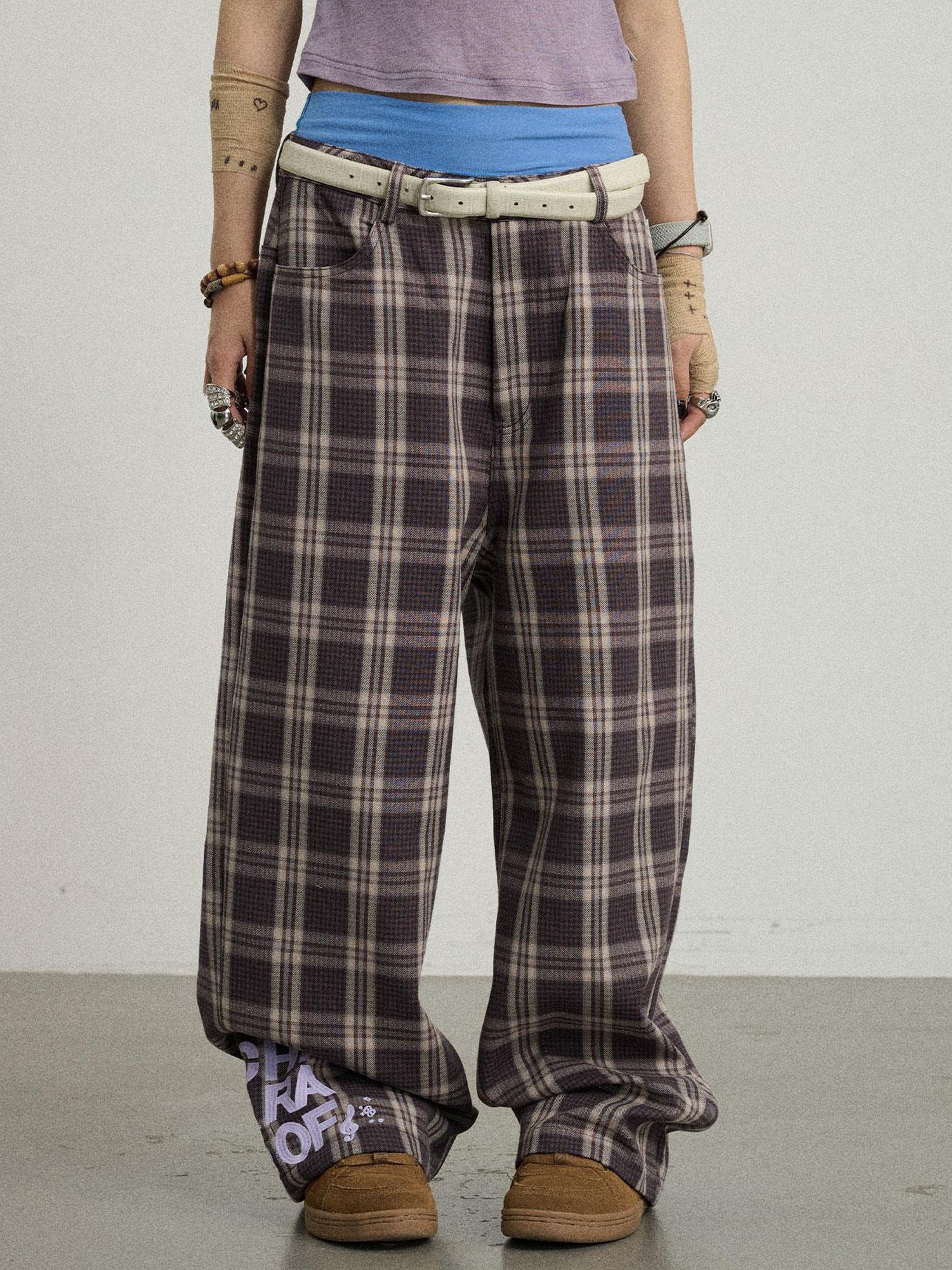Achihara Mosaic Checkered Wide Leg Trousers With Embroidered Cuffs