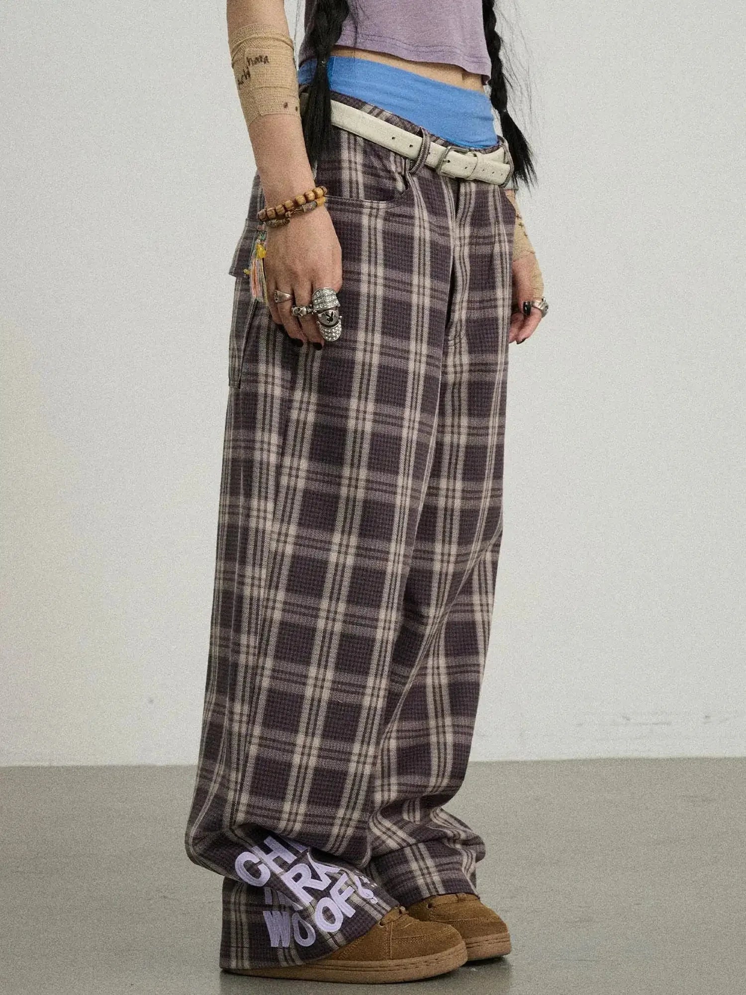 Mosaic Checkered Wide Leg Trousers With Embroidered Cuffs