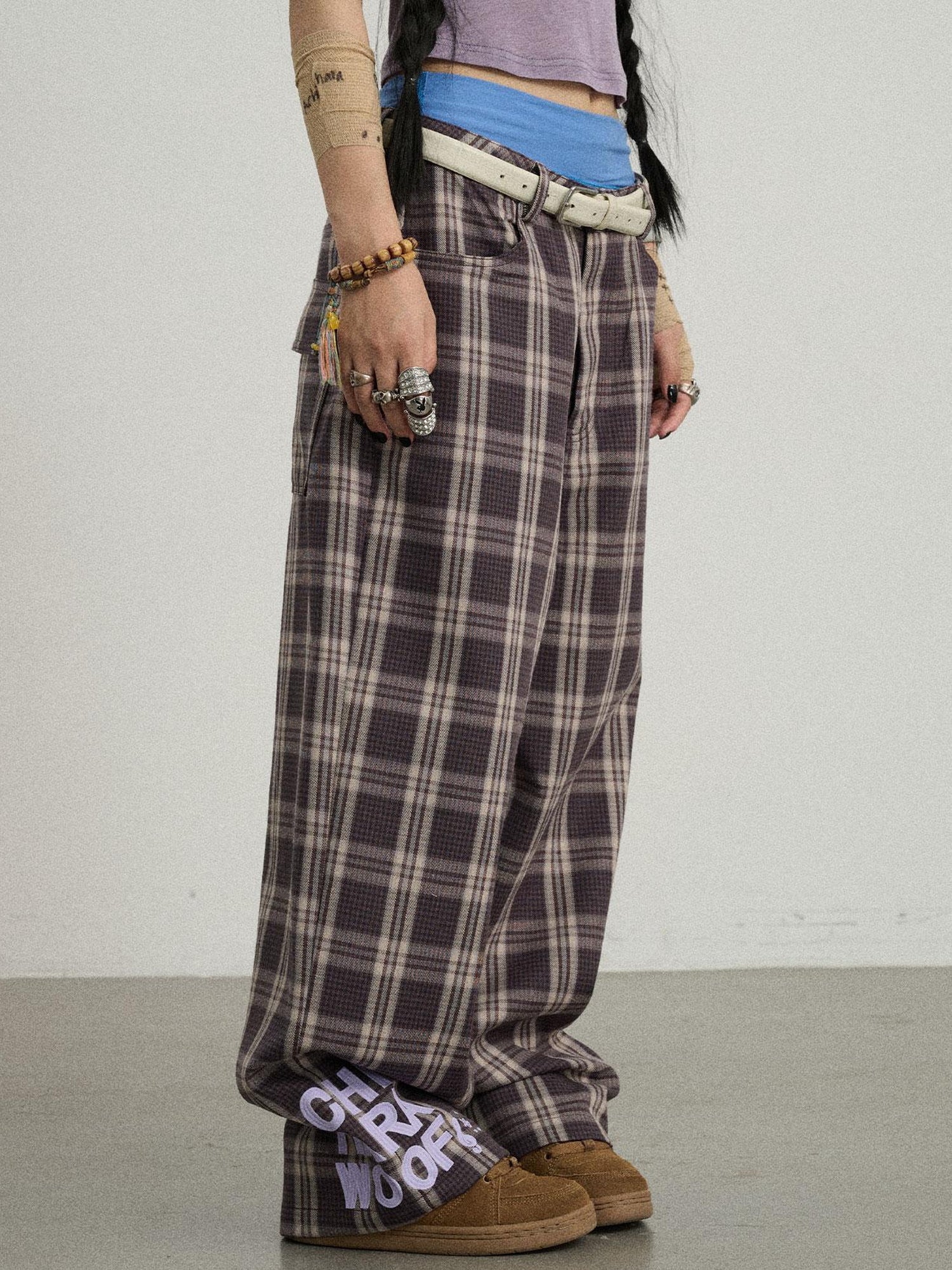 Achihara Mosaic Checkered Wide Leg Trousers With Embroidered Cuffs