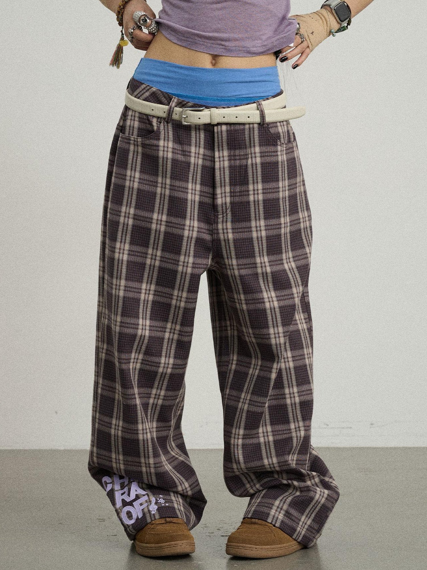 Achihara Mosaic Checkered Wide Leg Trousers With Embroidered Cuffs